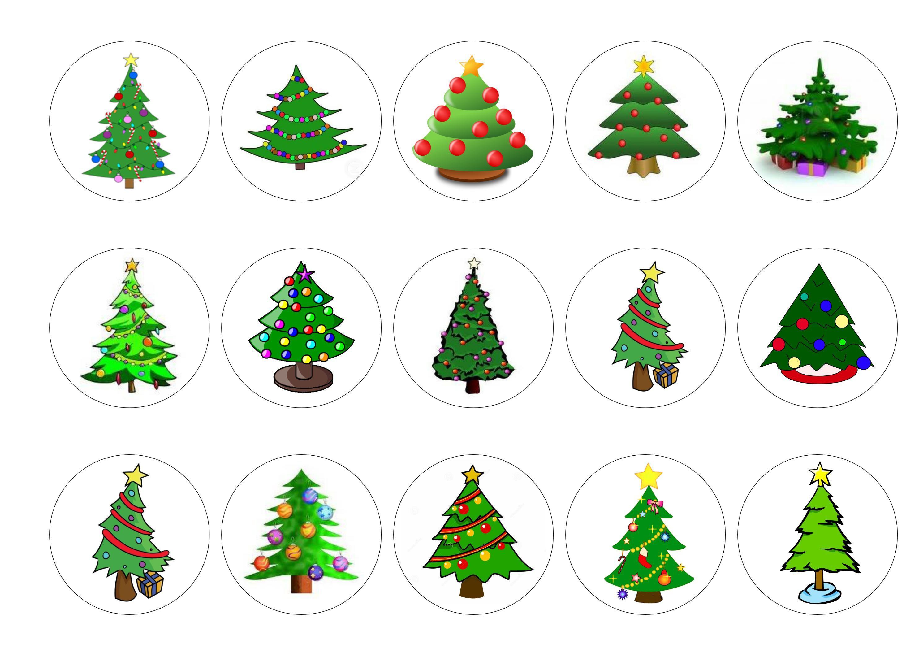 15 printed cupcake toppers with cartoon Christmas Trees