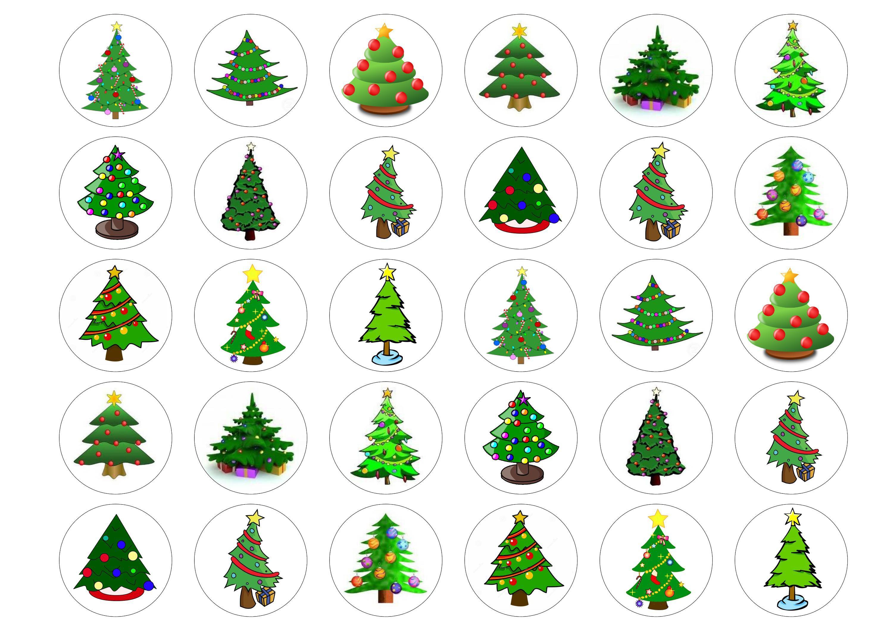 30 edible cupcake toppers with cartoon Christmas Trees