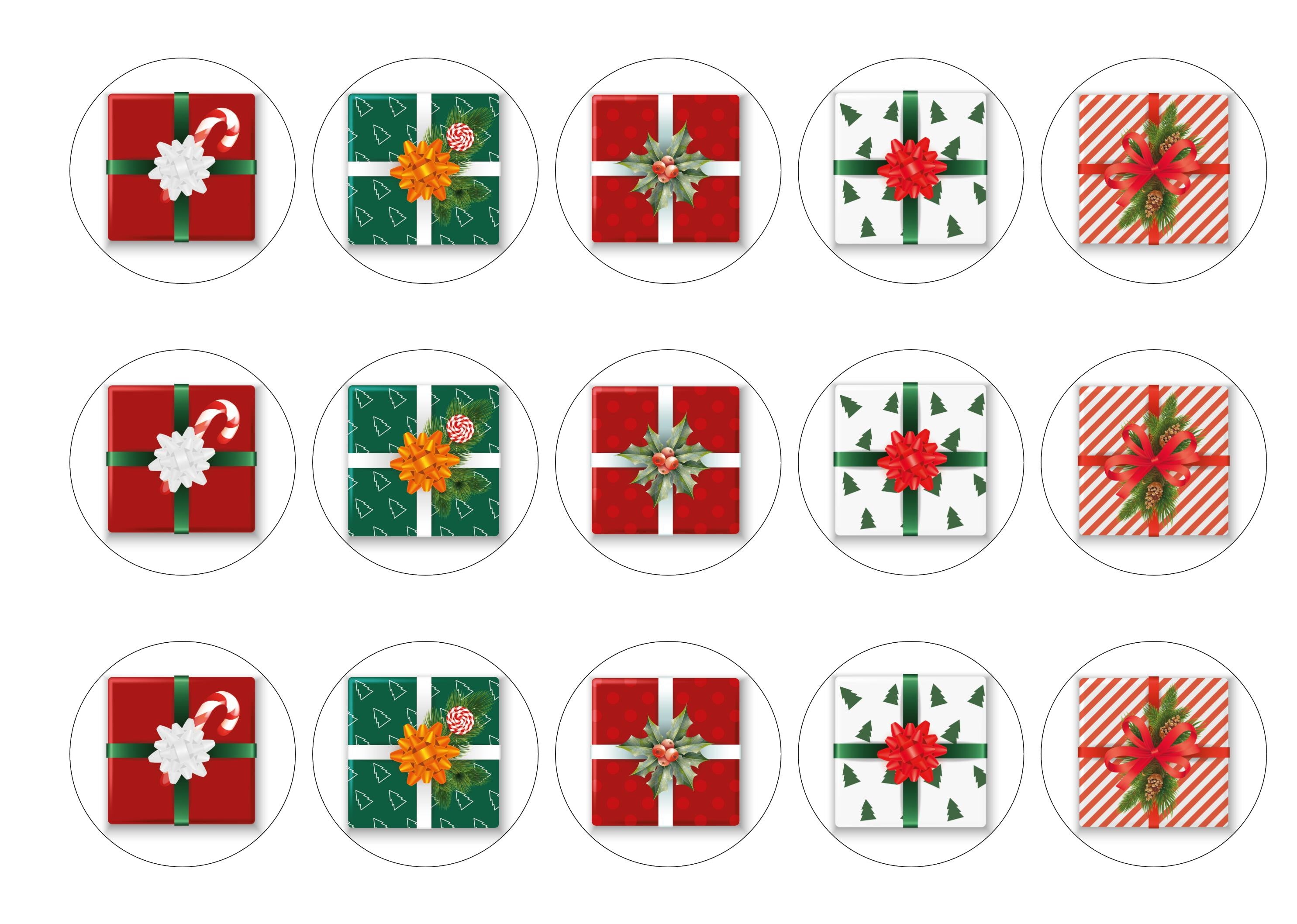 15 printed cupcake toppers with images of Christmas Gift Boxes