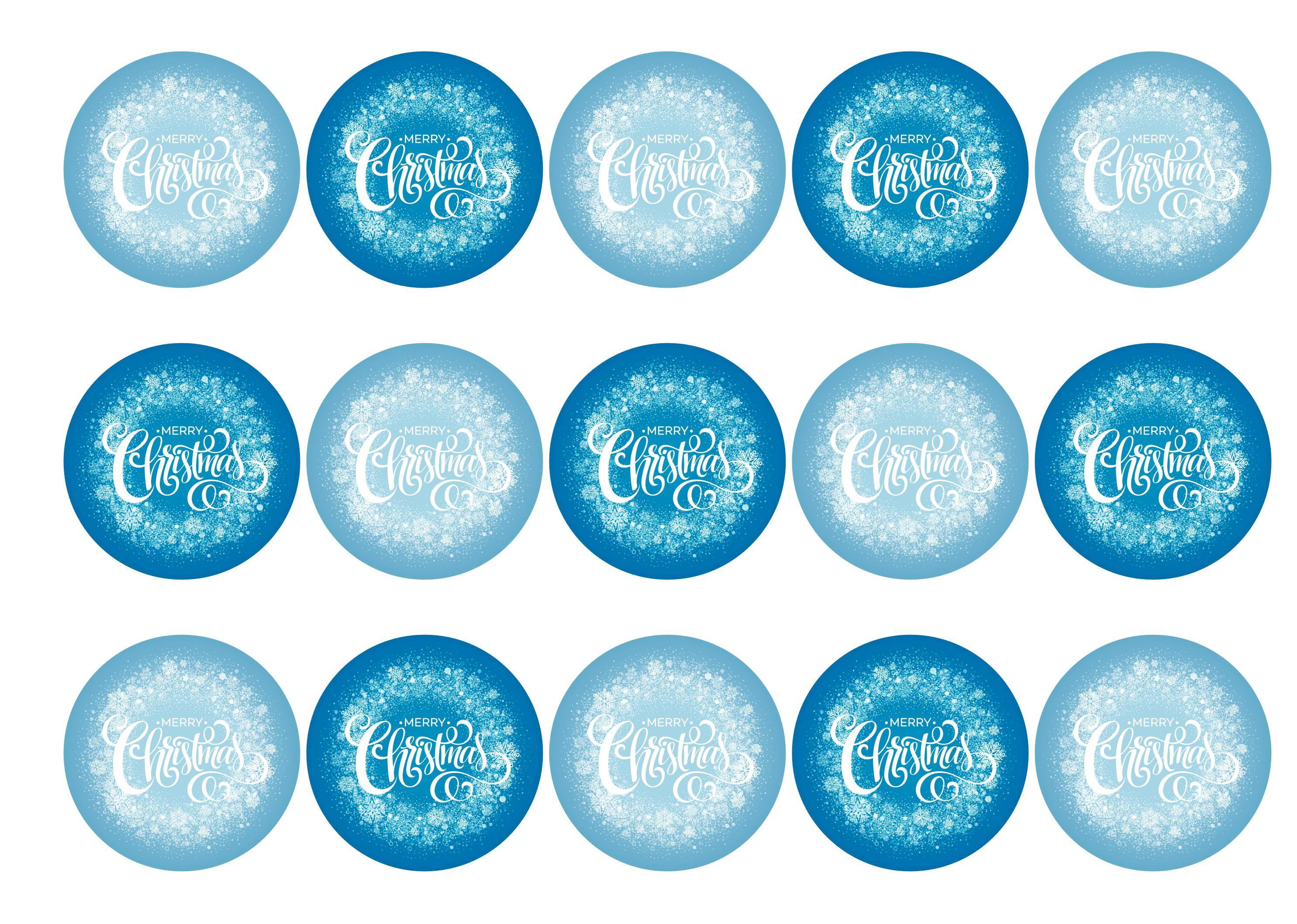 15 printed cupcake toppers with Merry Christmas message on a blue snowflake background