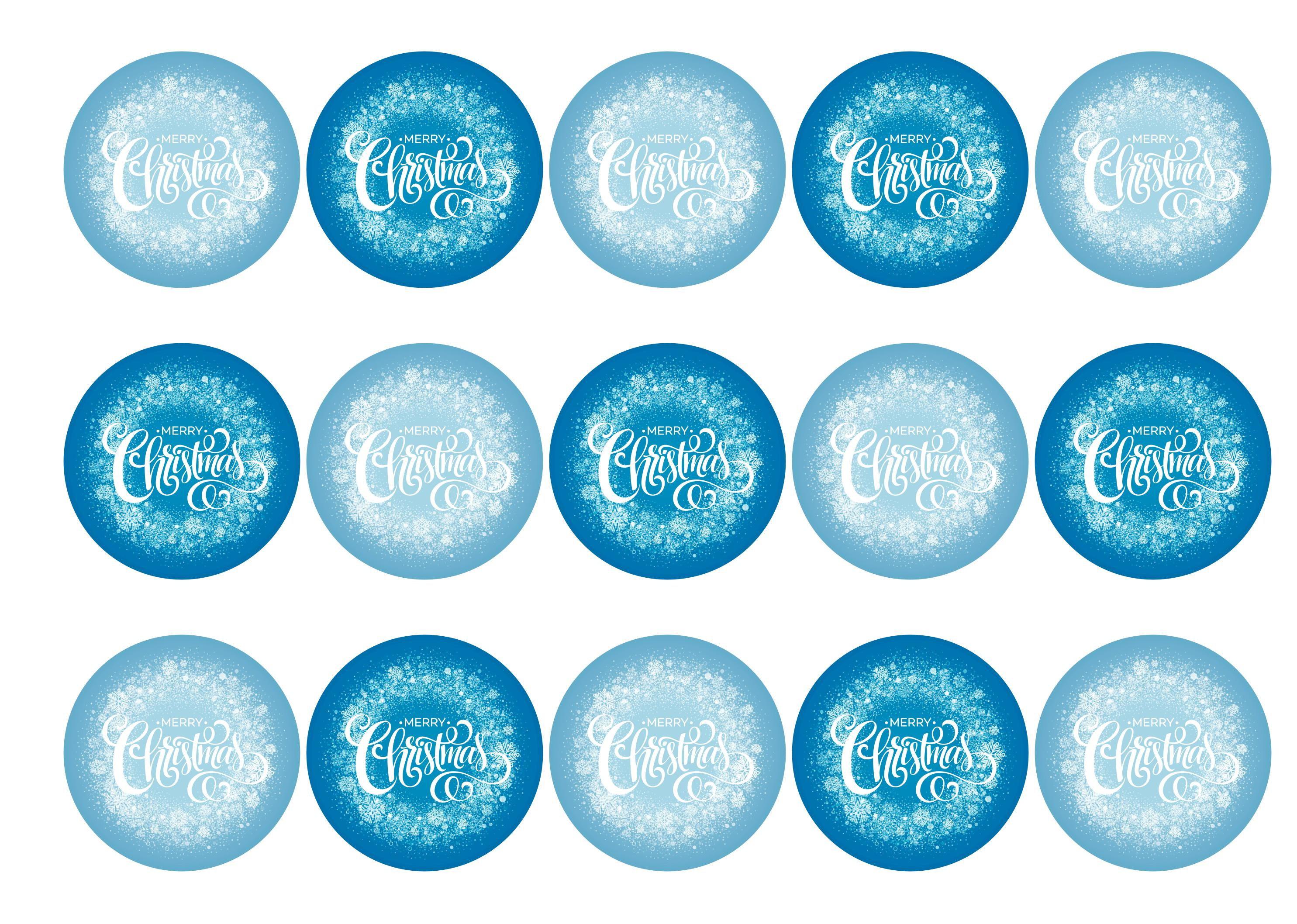 15 printed cupcake toppers with Merry Christmas message on a blue snowflake background