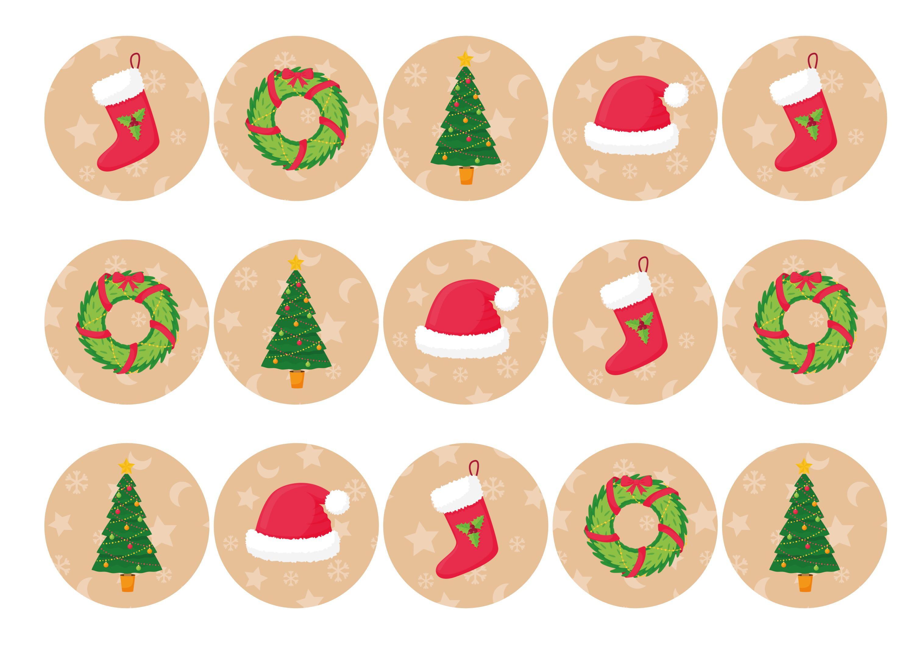15 printed cupcake toppers with Christmas designs