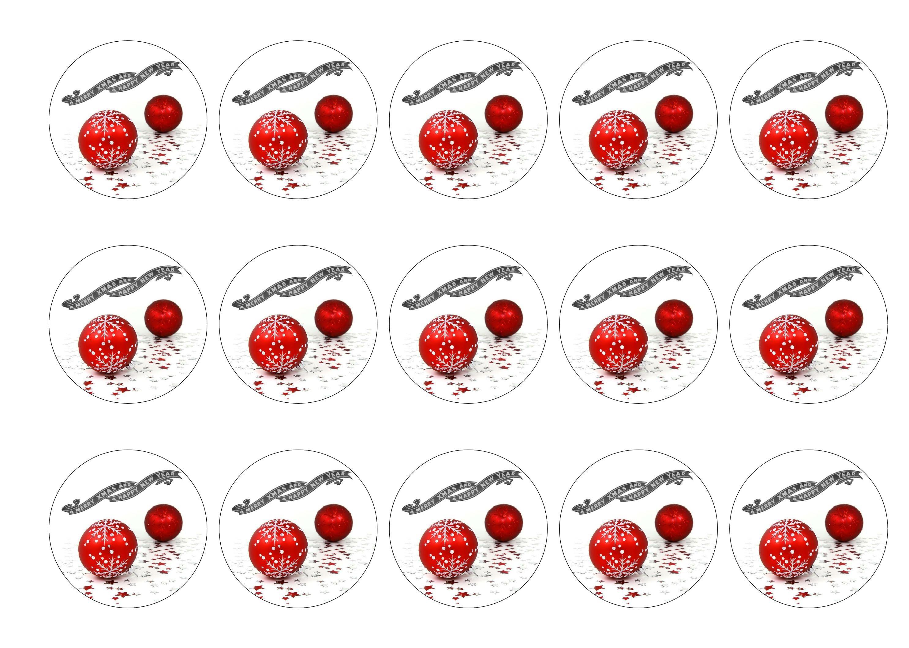 15 printed cupcake toppers with a Christmas Baubles image