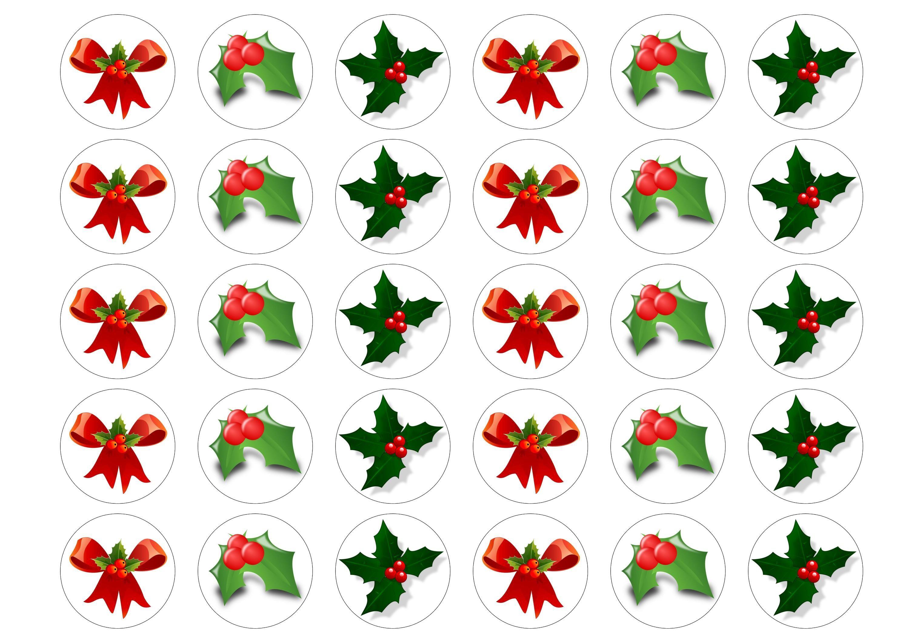 Printed edible cupcake toppers with images of holly