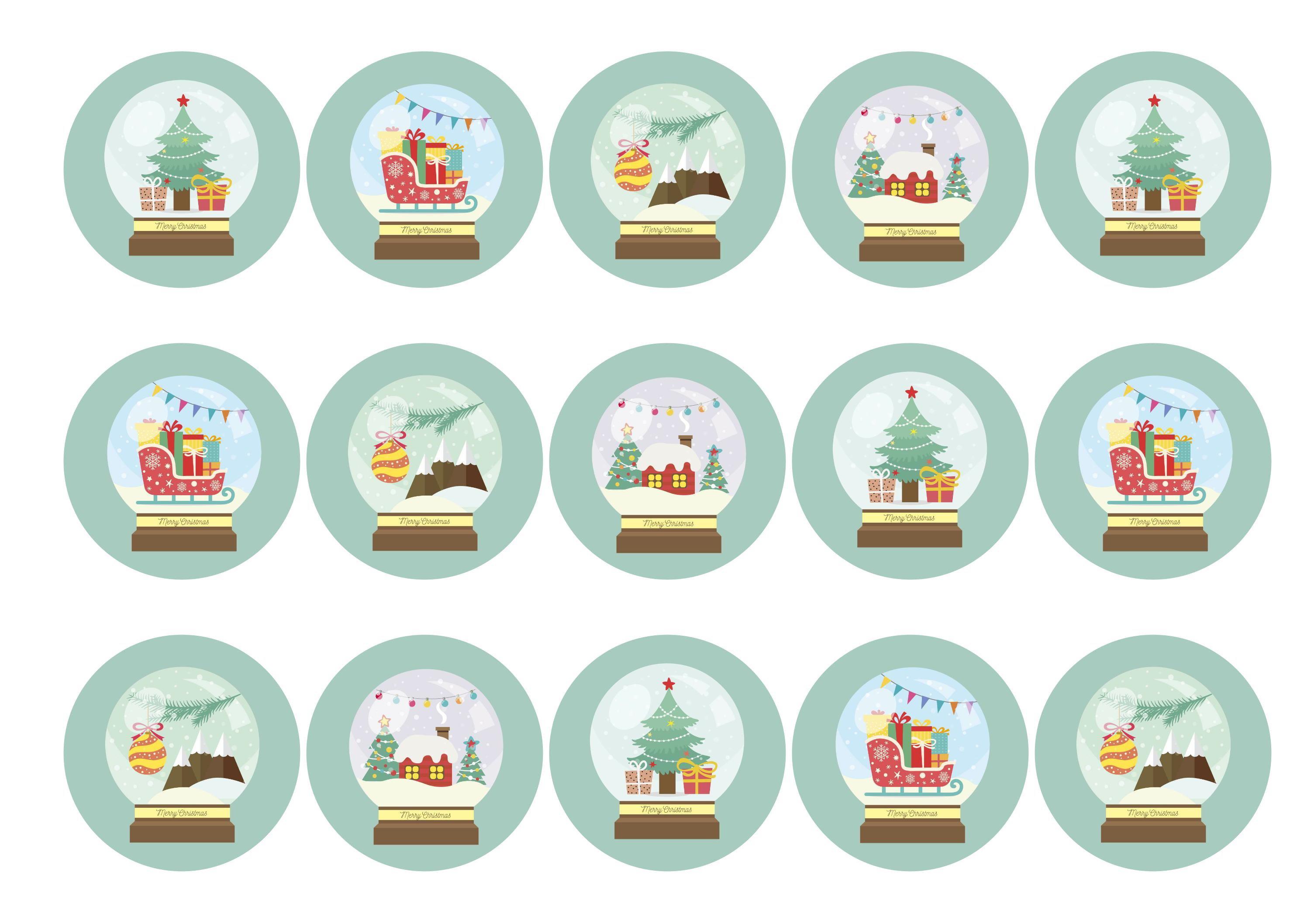 15 printed cupcake toppers with Christmas Snow Globe images