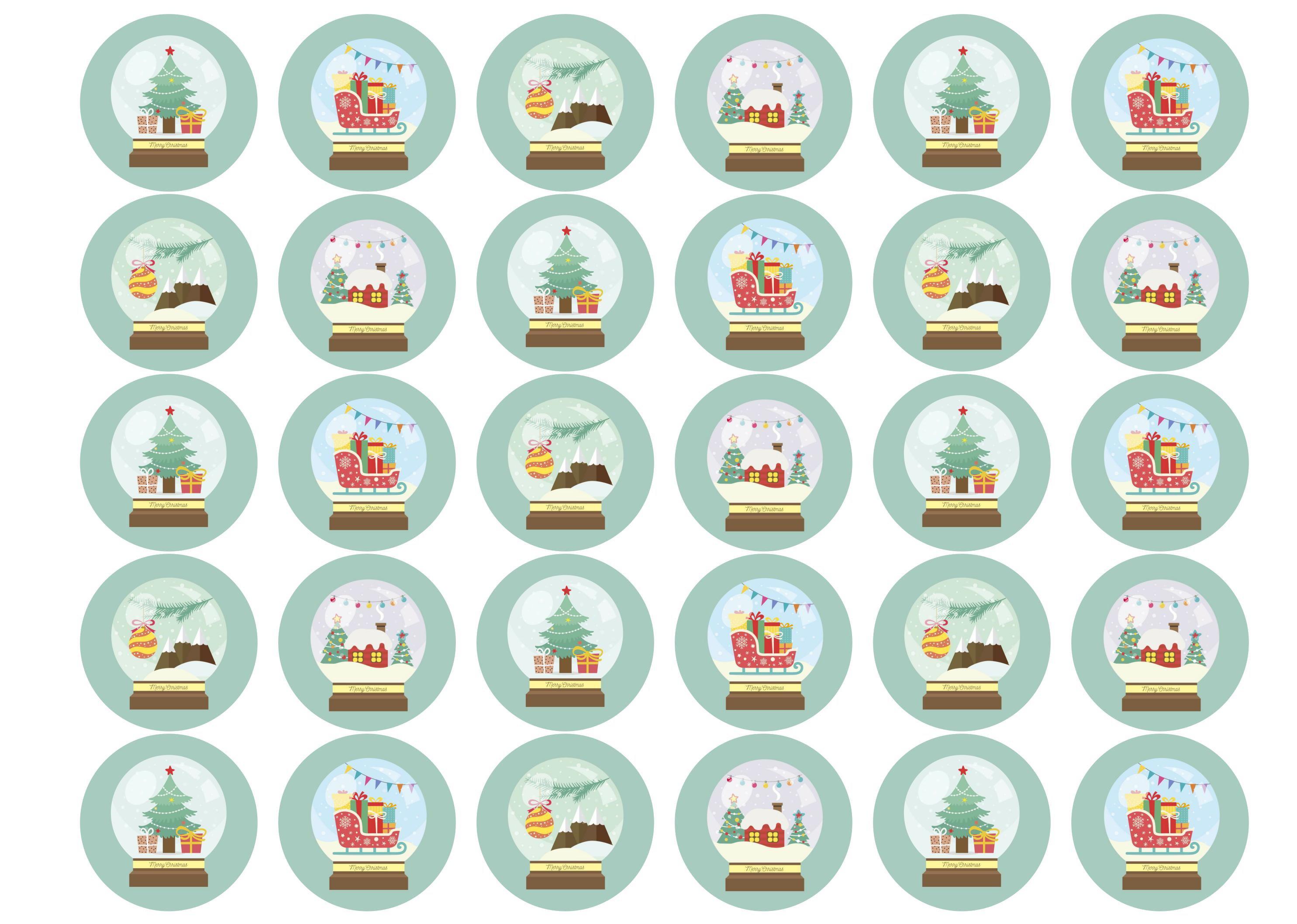 30 edible printed cupcake toppers with Christmas Snow Globe designs