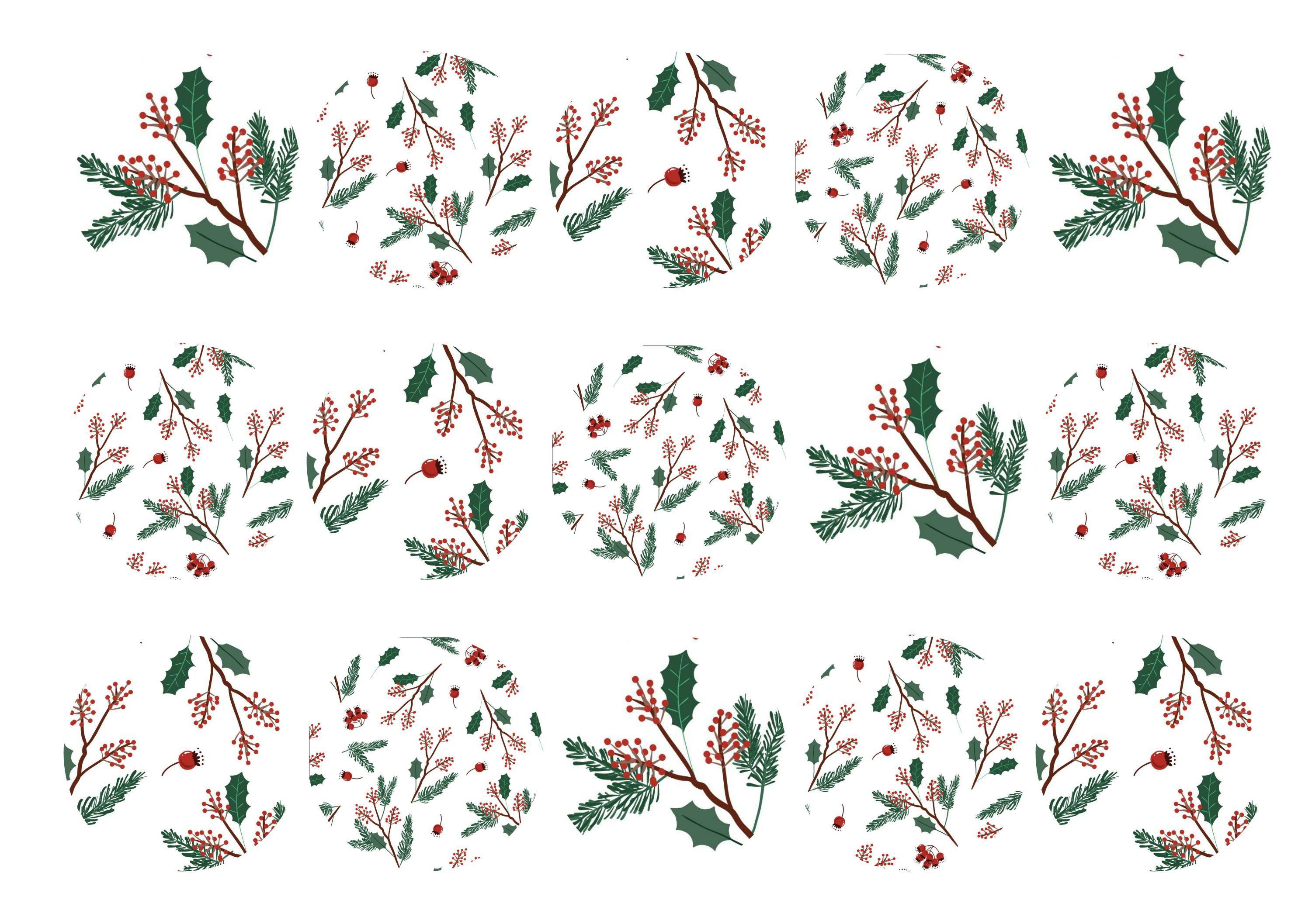 15 printed cupcake toppers with a Christmas holly pattern