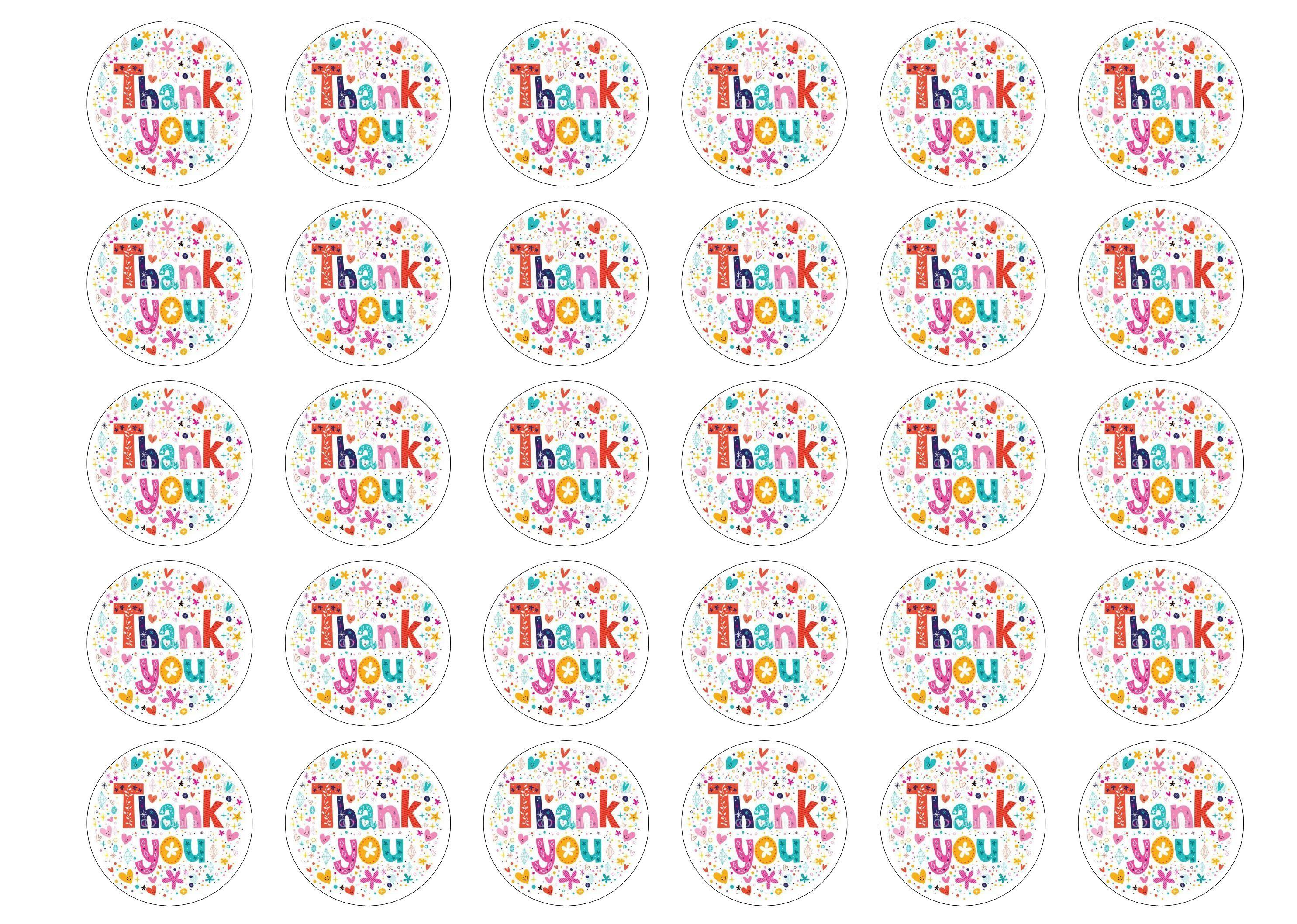 Printed edible cupcake toppers - colourful thank you