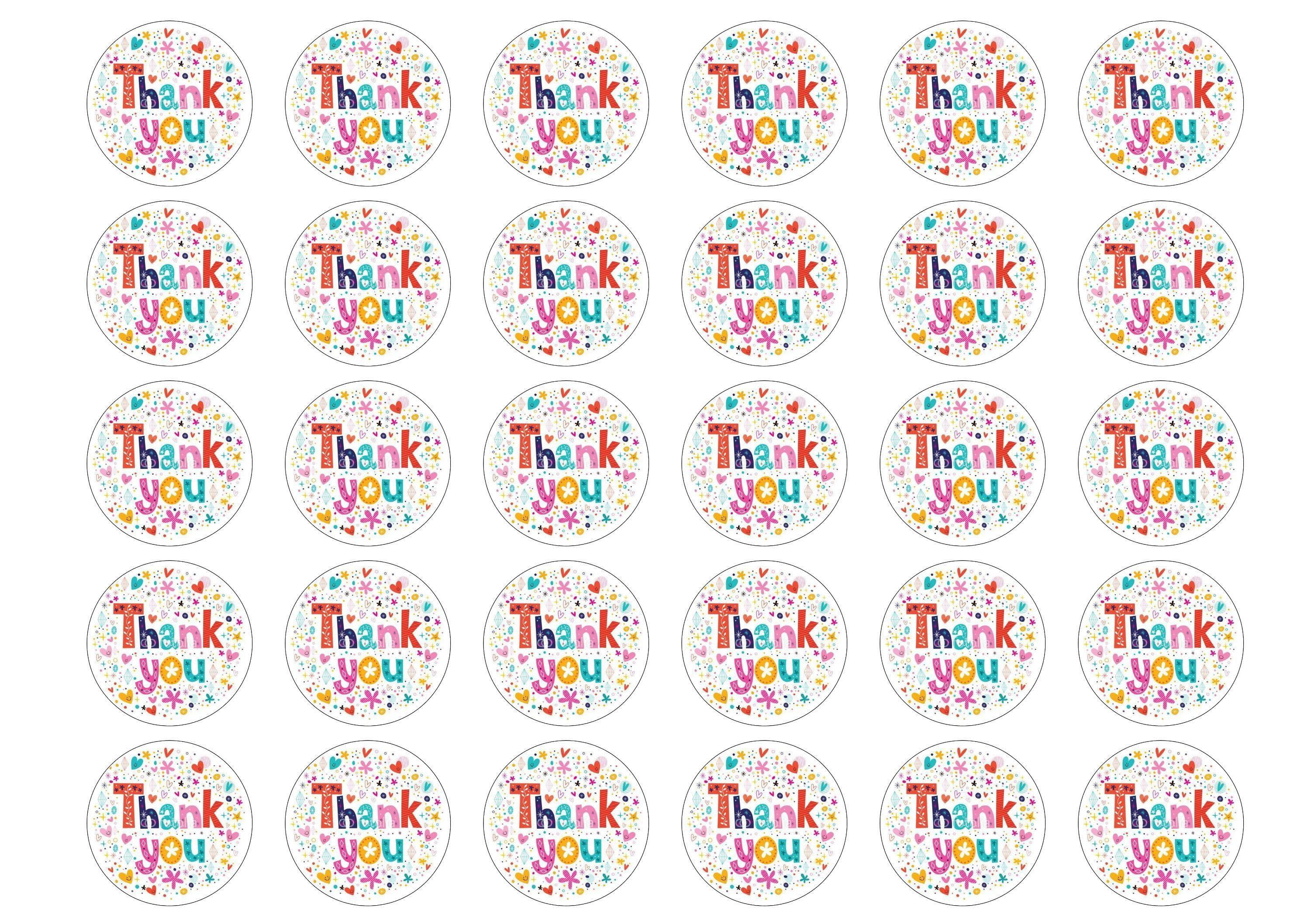 Printed edible cupcake toppers - colourful thank you