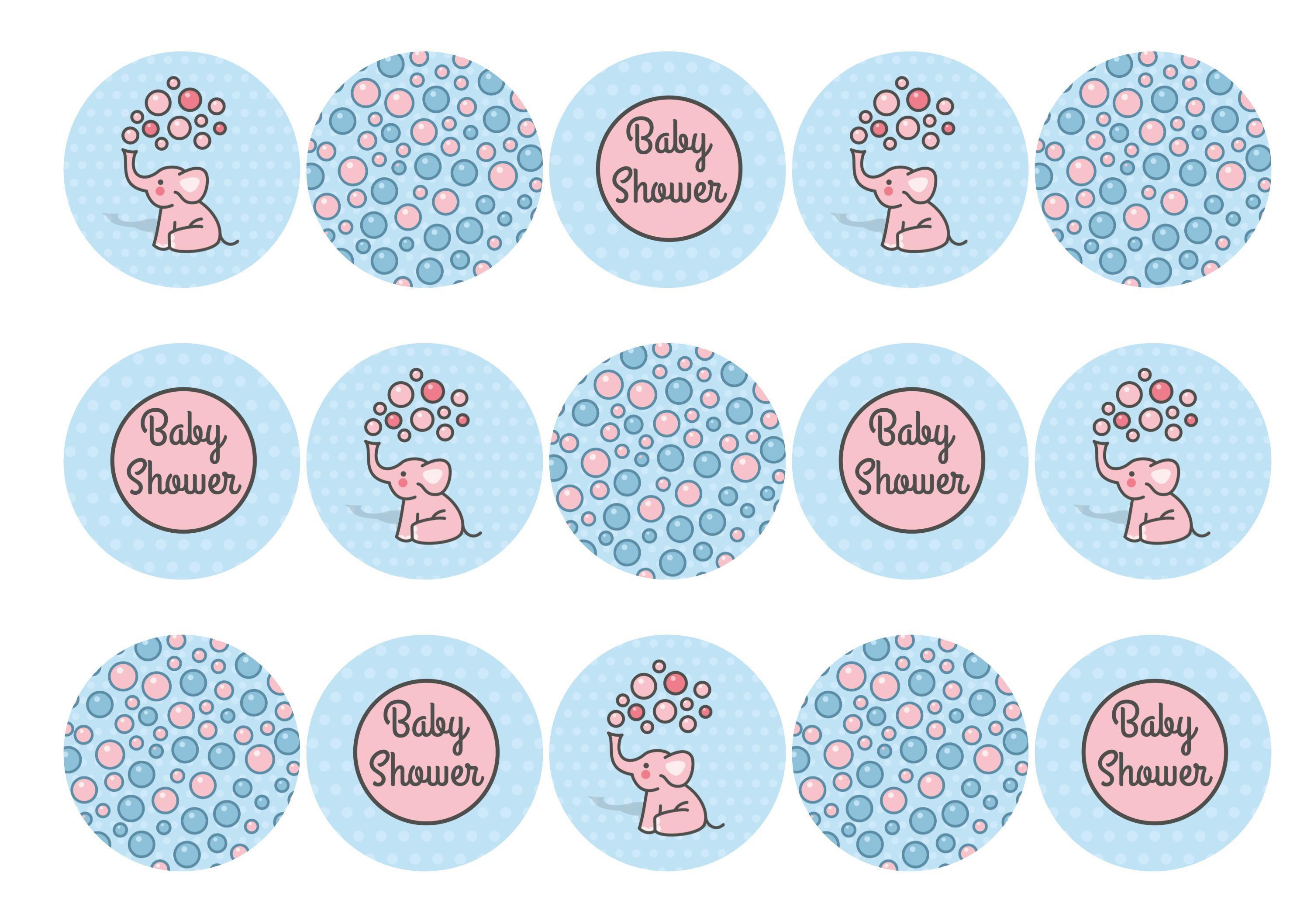 15 printed cupcake toppers with cute baby elephants for a baby shower