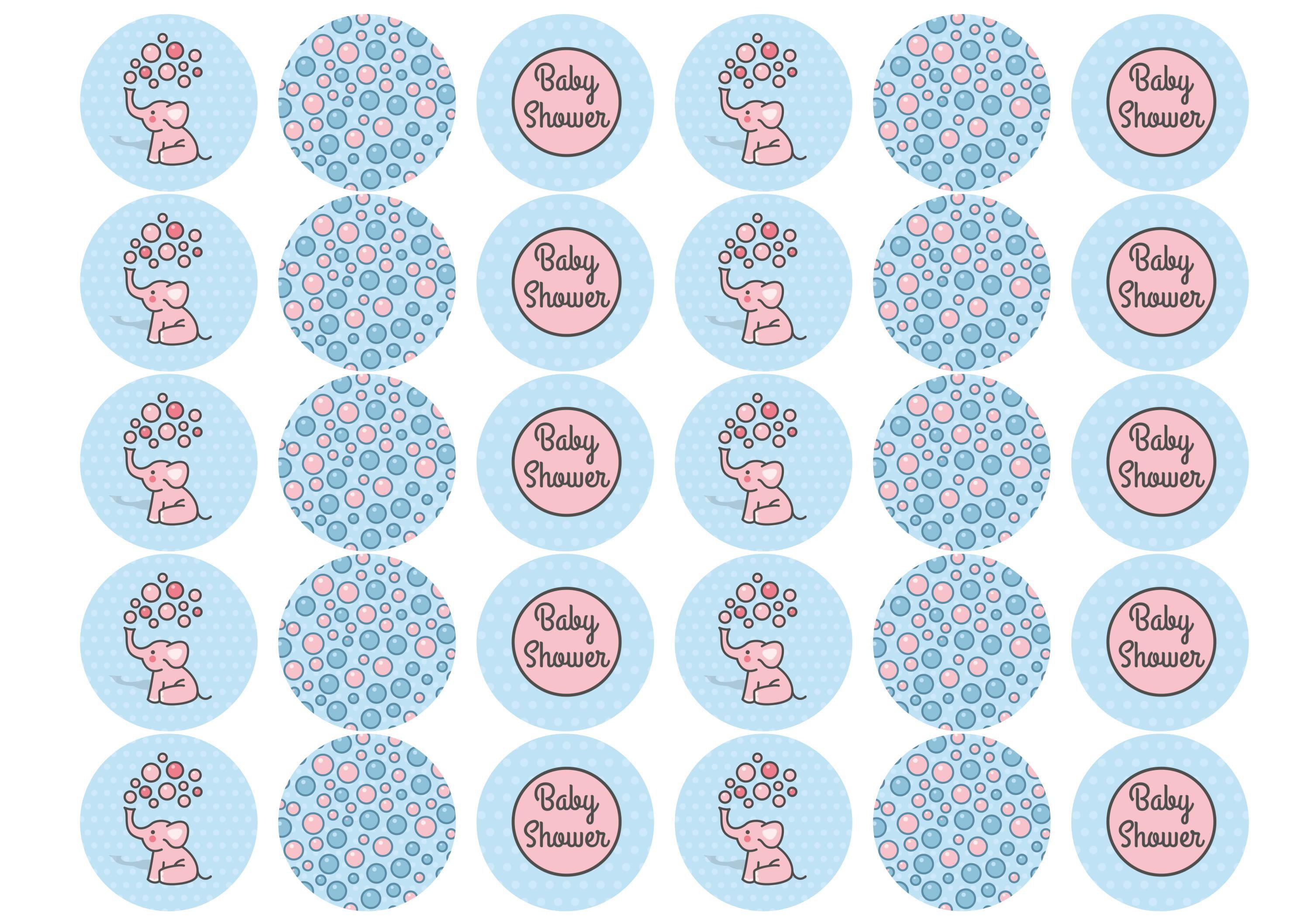 30 edible toppers with cute baby elephants for a baby shower in pink and blue