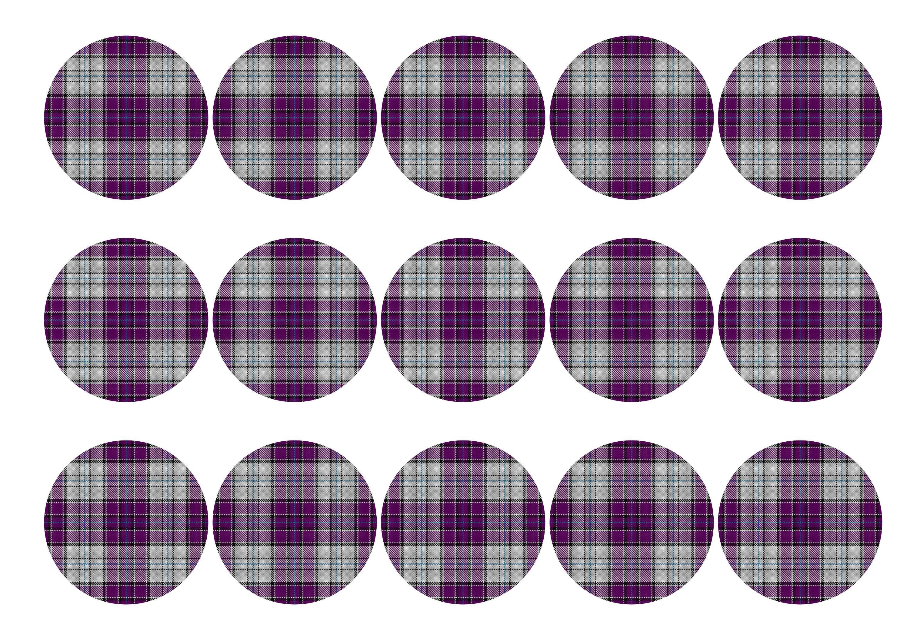 Printed edible cupcake toppers with dark purple tartan