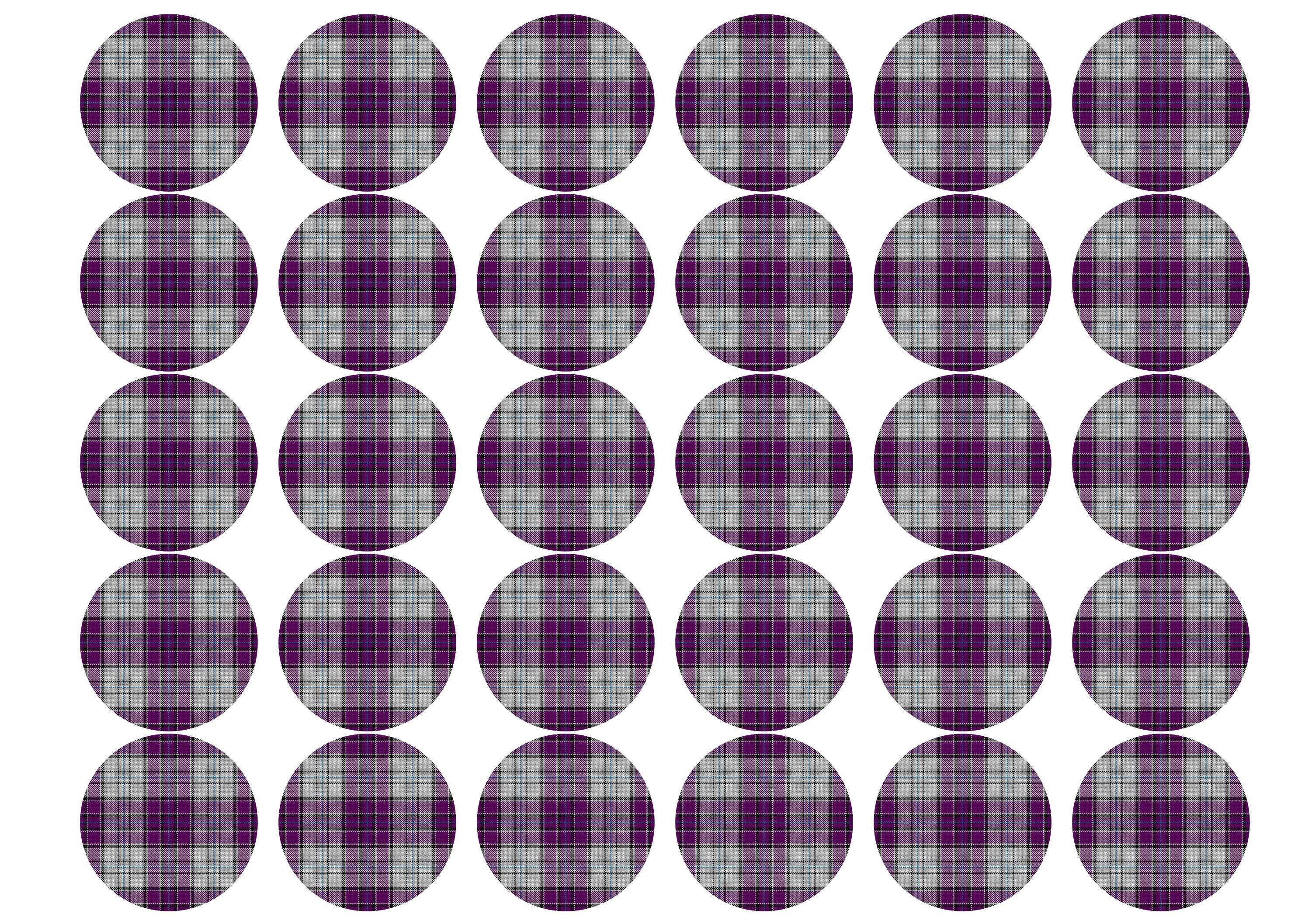 Printed edible cupcake toppers with dark purple tartan