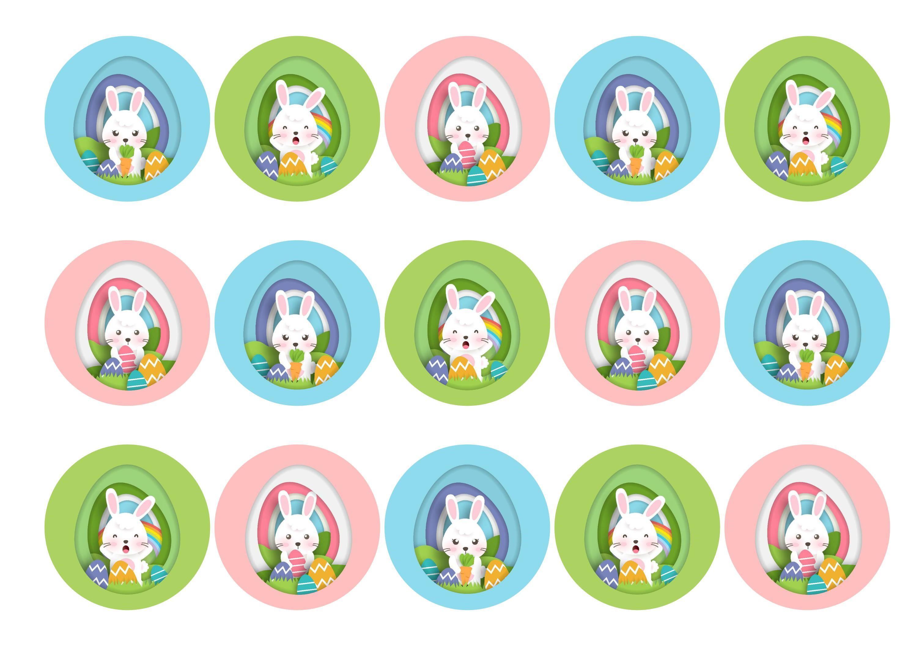 15 printed cupcake toppers with brightly coloured Easter bunnies
