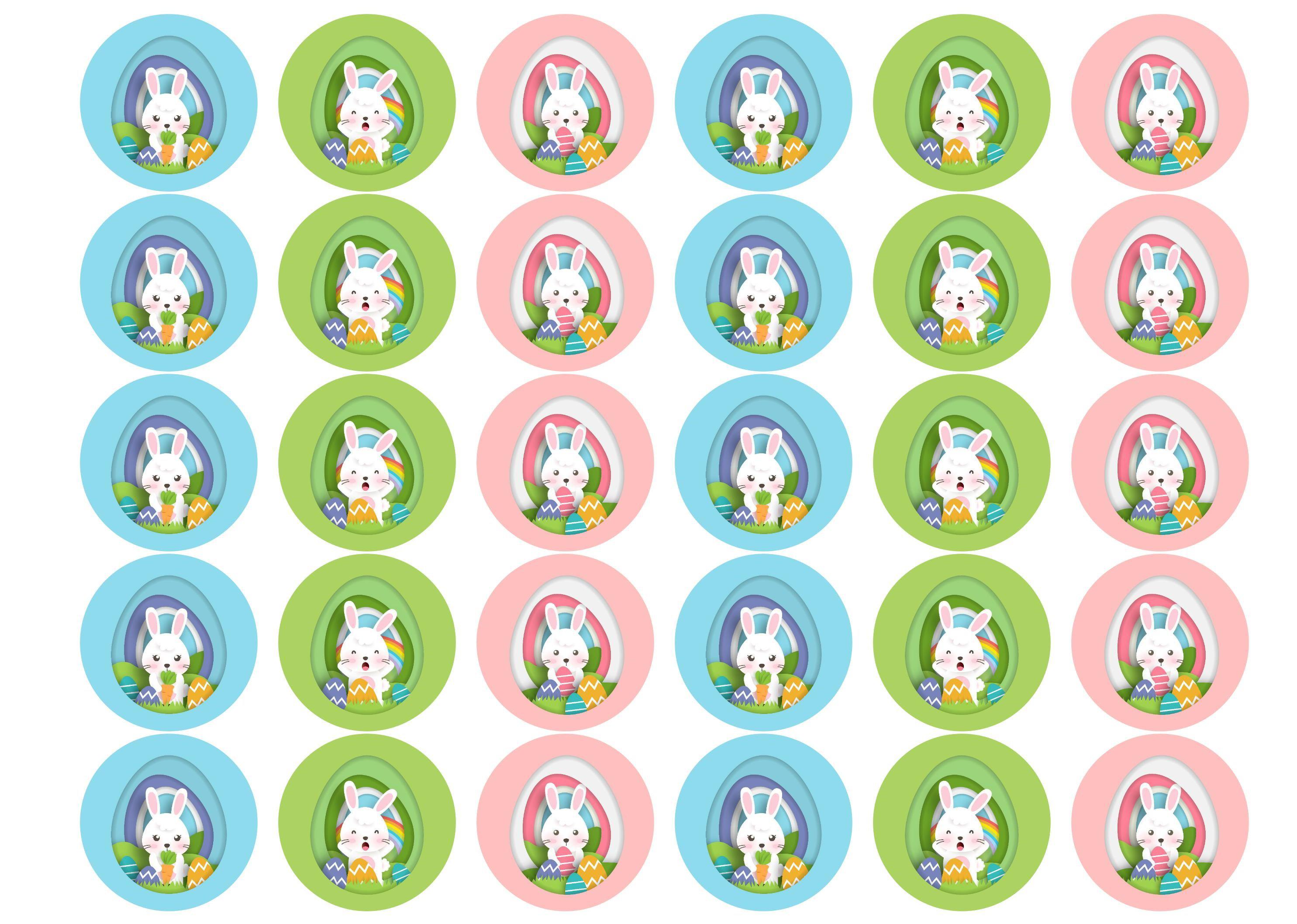 30 edible cupcake toppers with brightly coloured Easter bunnies