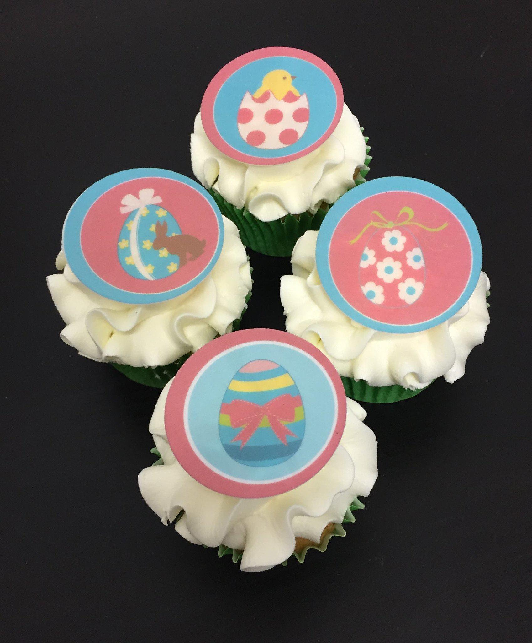 Printed cupcake toppers with pink and aqua Easter Egg designs