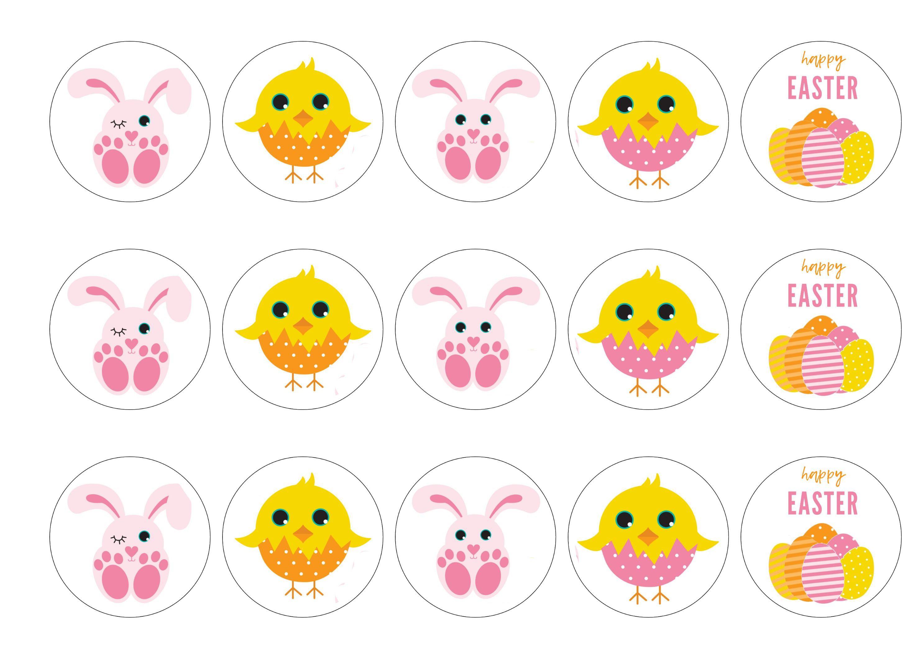 Printed Easter cupcake toppers with cute chicks and bunnies