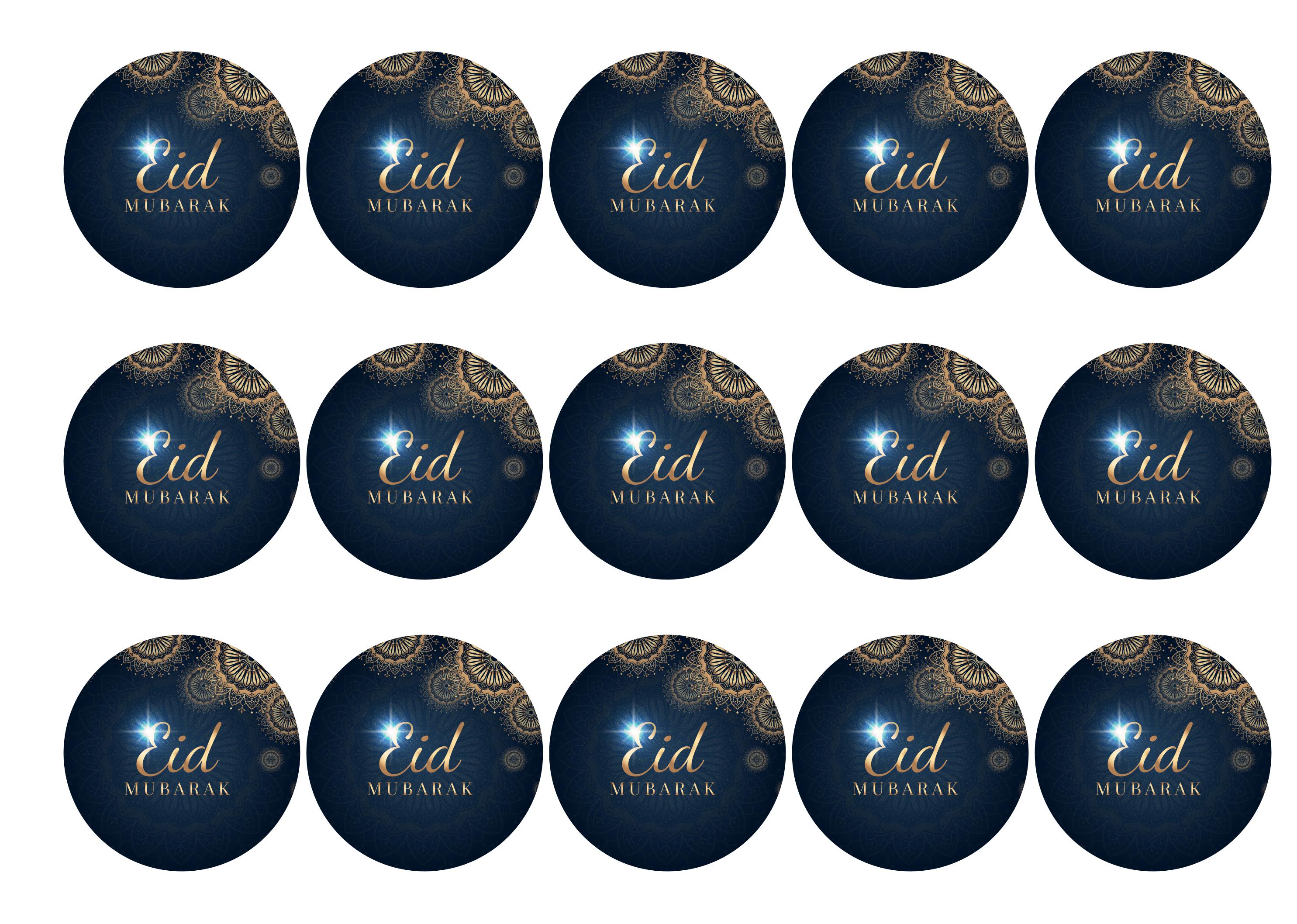 15 printed edible toppers with a blue Eid Mubarak design