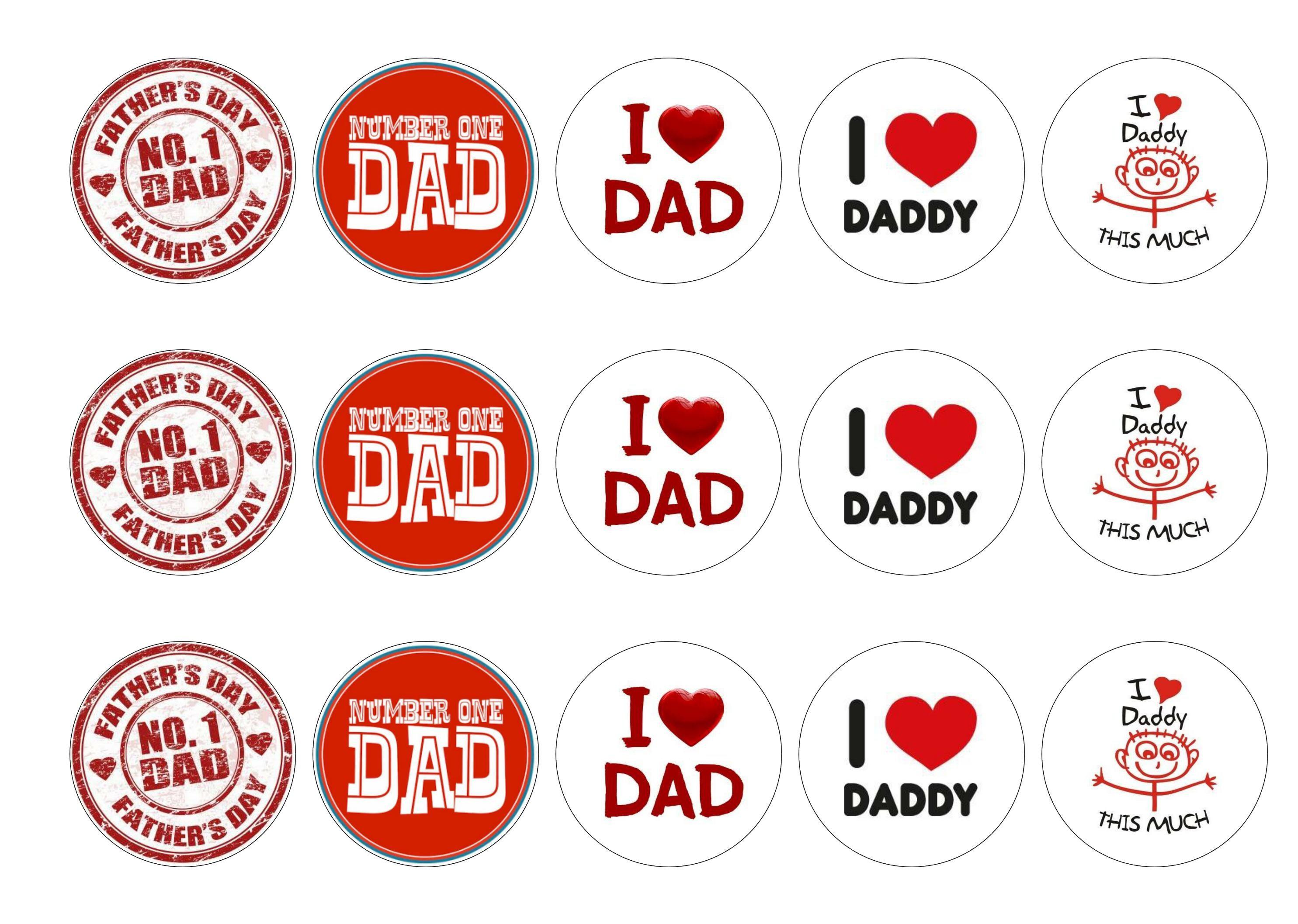 Edible printed cupcake toppers for Father's Day in shades of red