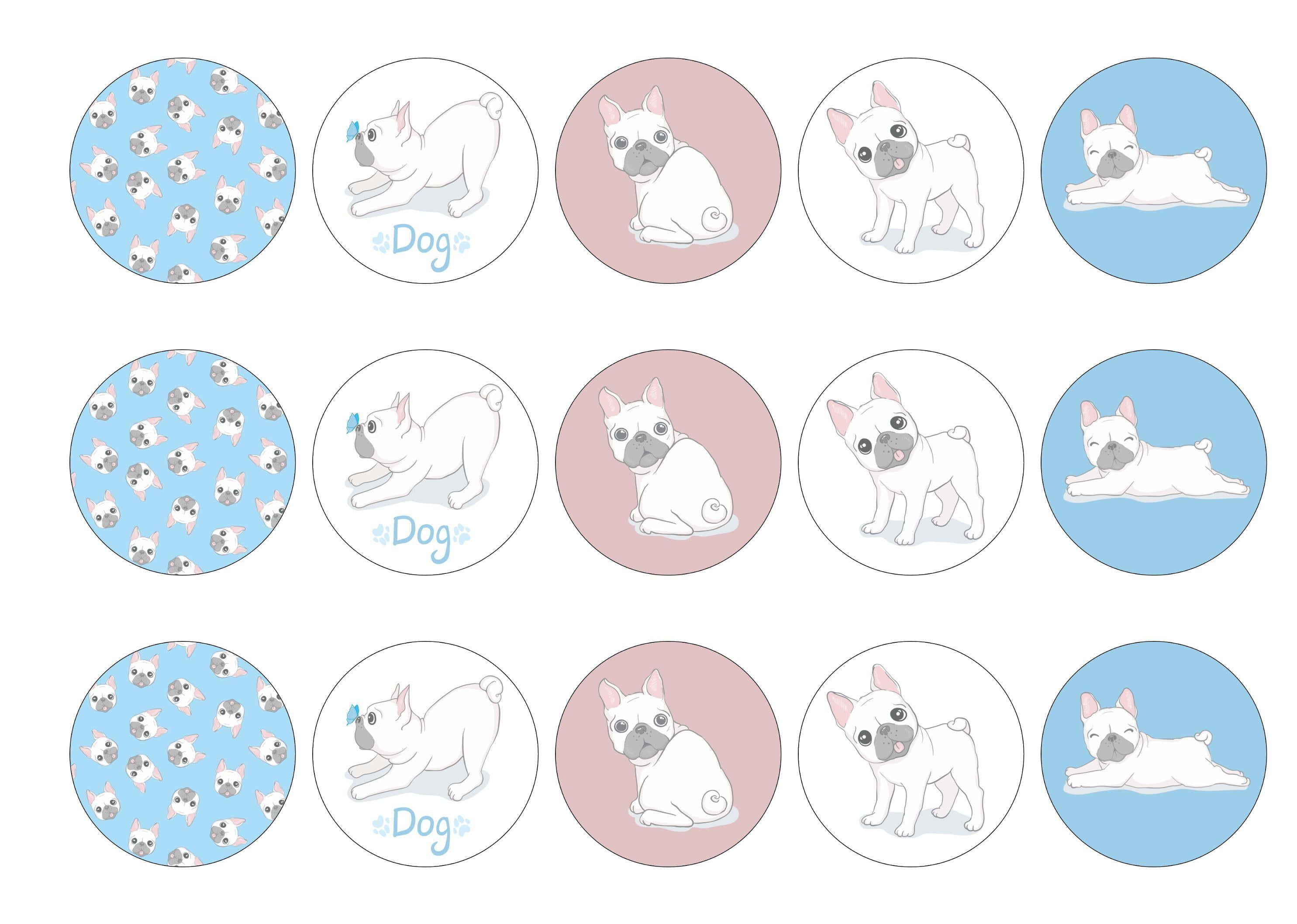 15 printed cupcake toppers with cute French Bulldogs