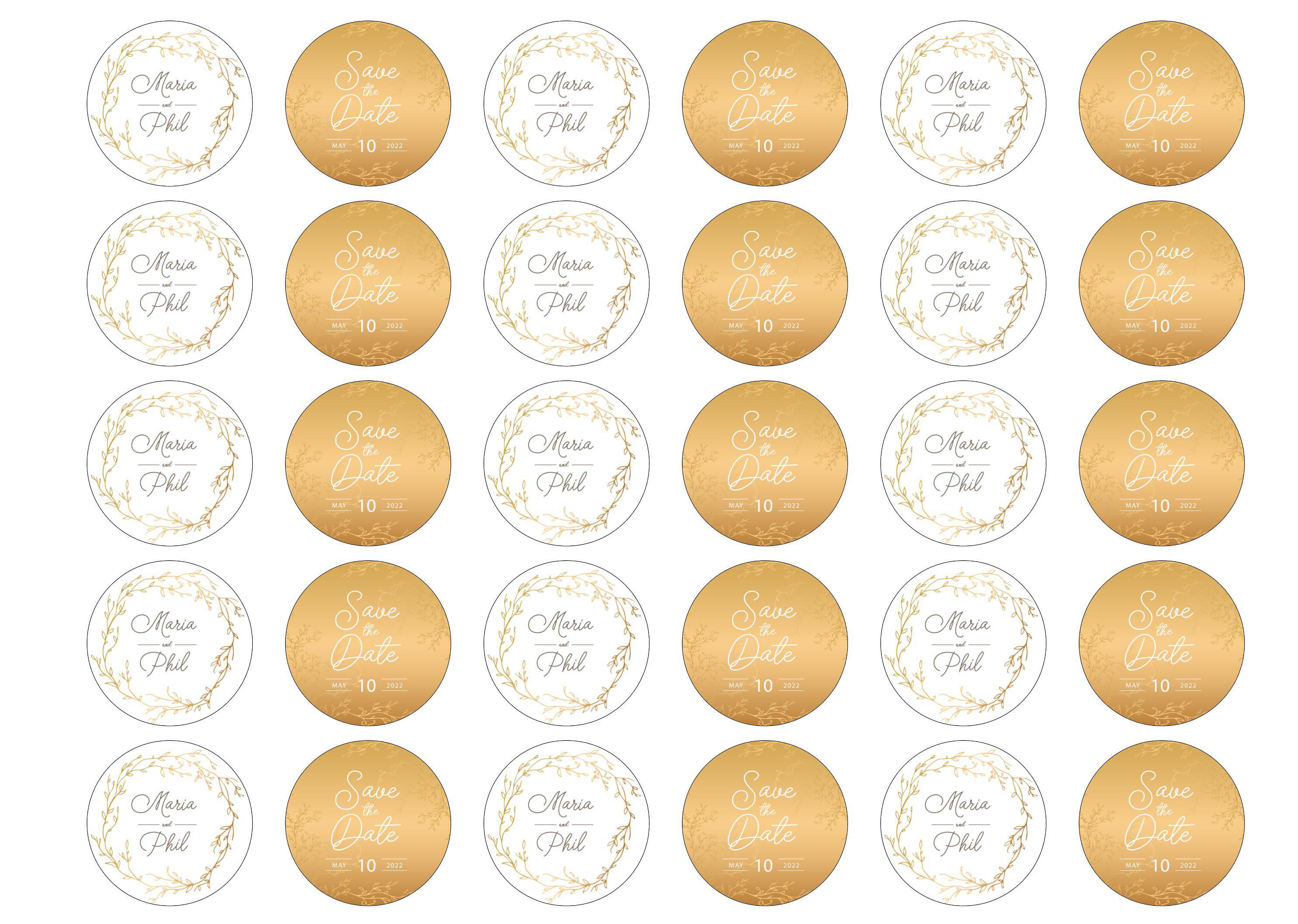 30 edible toppers with gold wedding save the date design