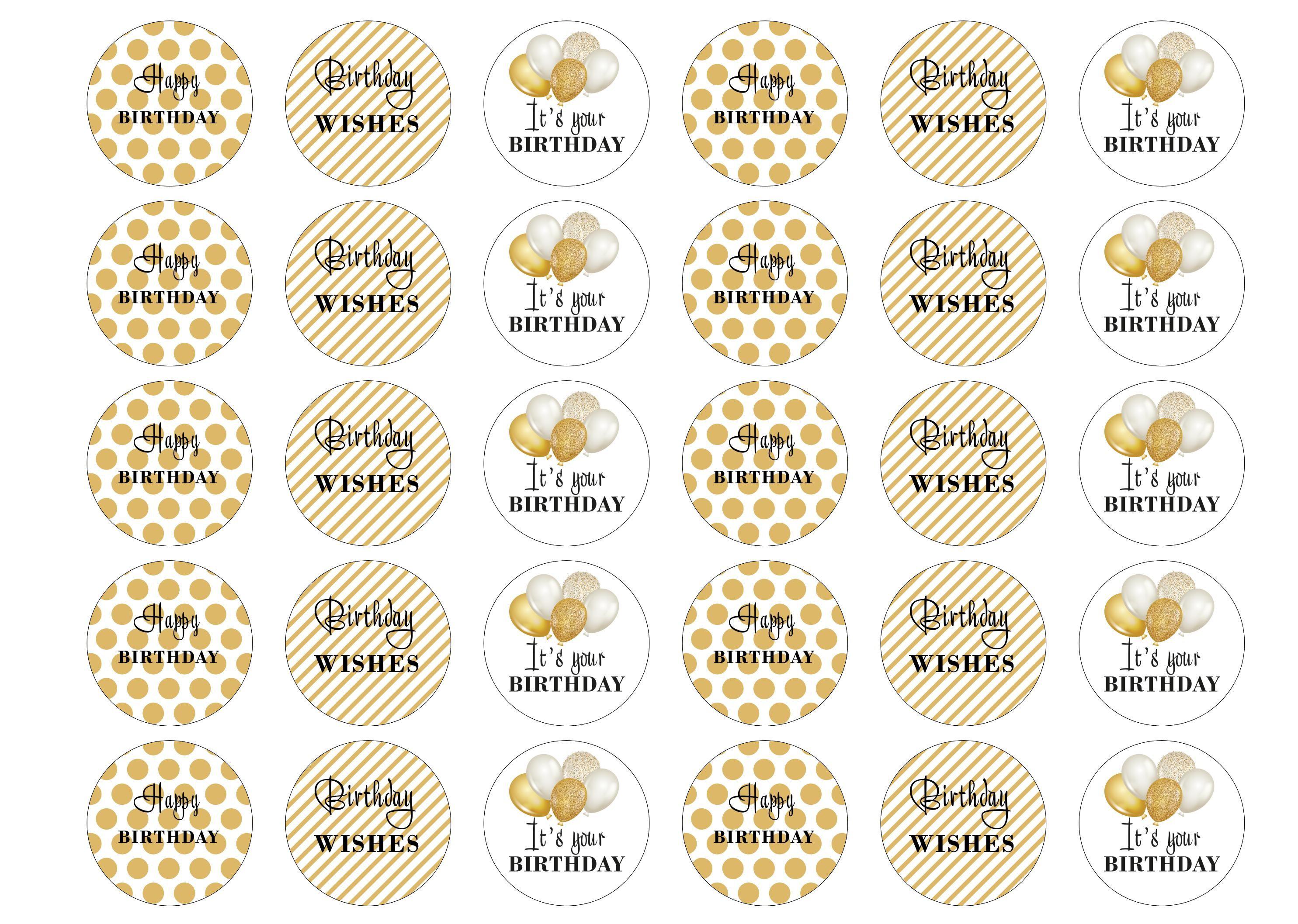 30 edible toppers with gold spots,gold stripes and gold balloons for a happy birthday