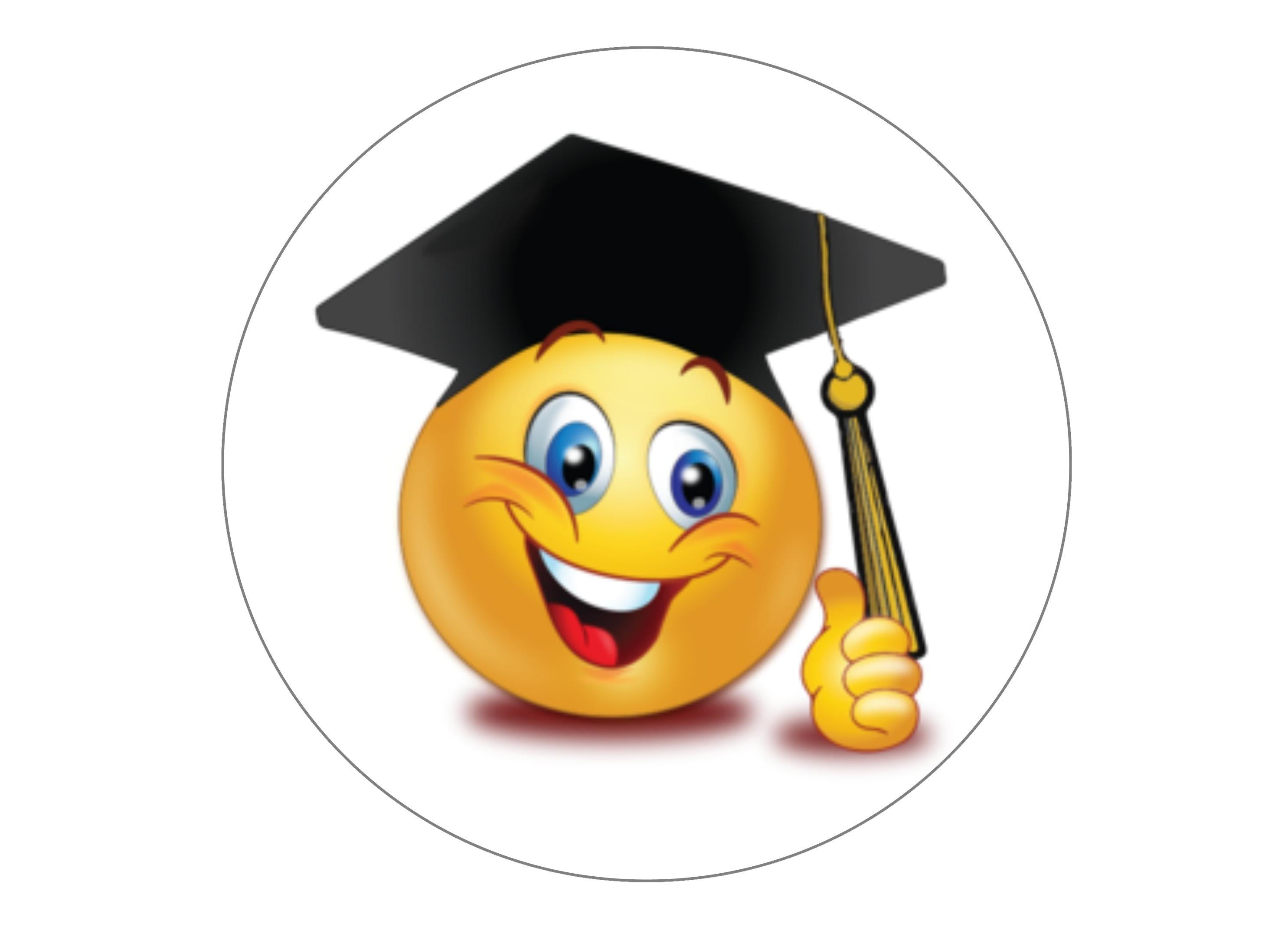 Large round cake topper with emoji images for graduation