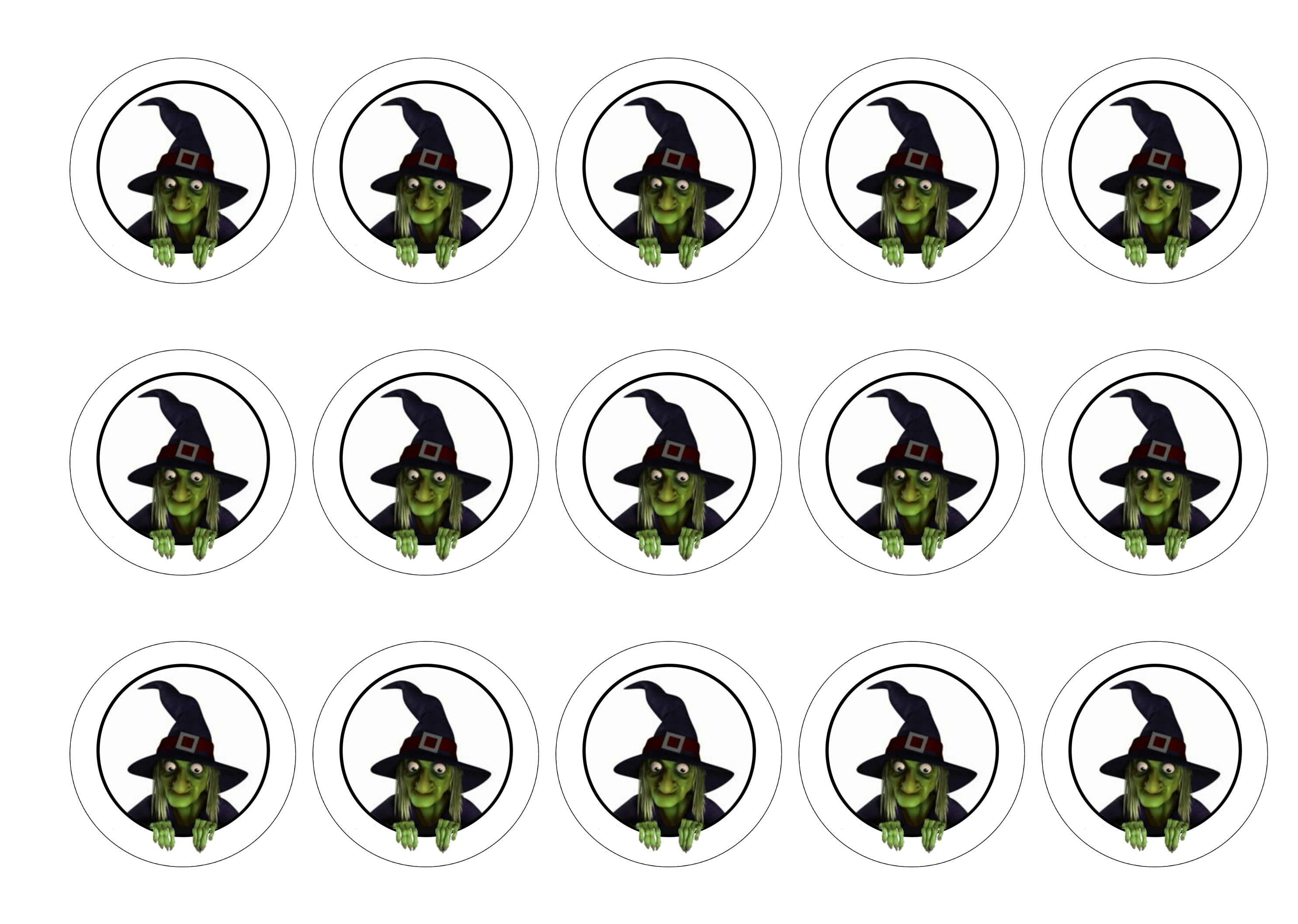 Printed edible cupcake toppers with Green Witch