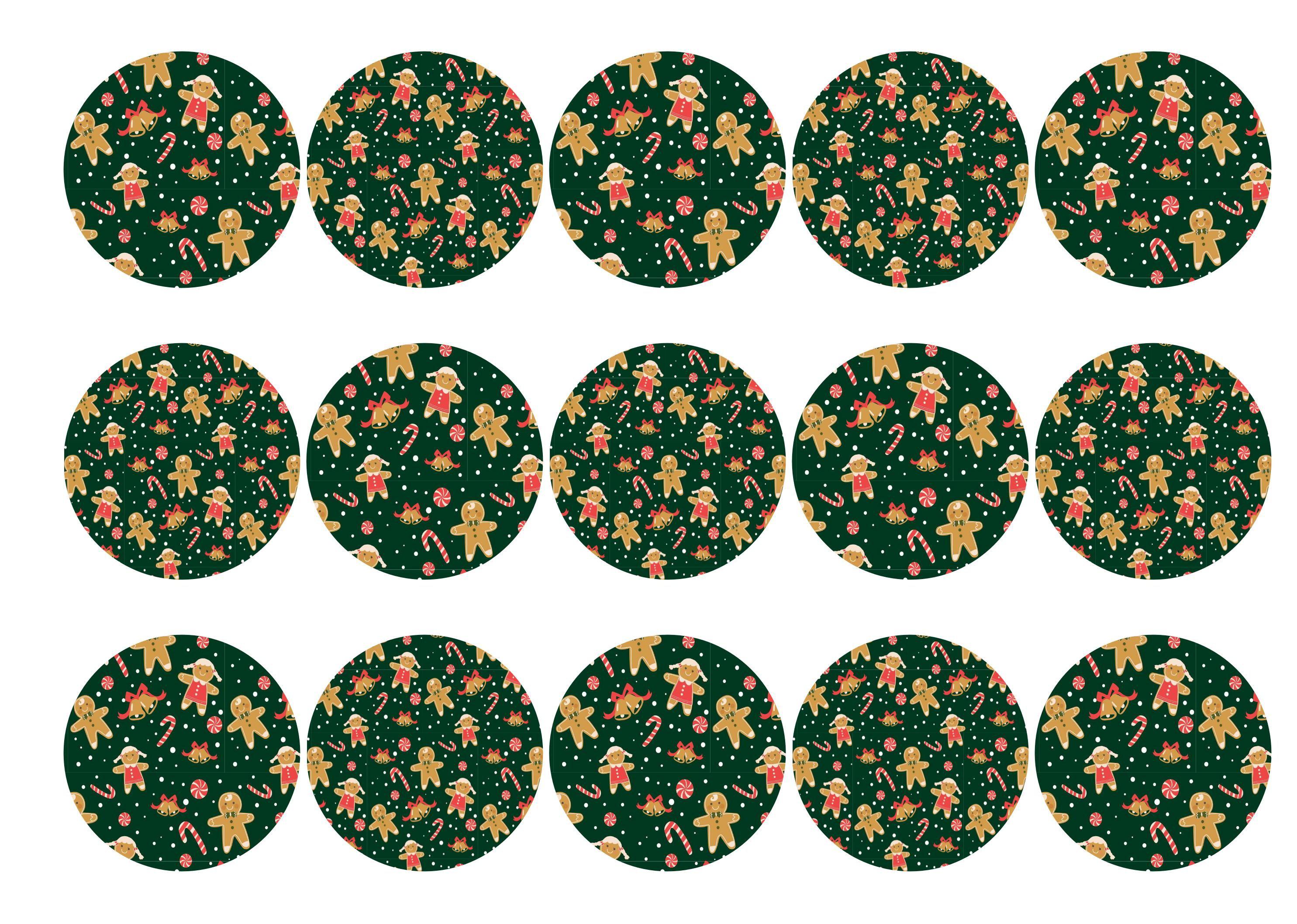 15 printed toppers with a green gingerbread man Christmas design