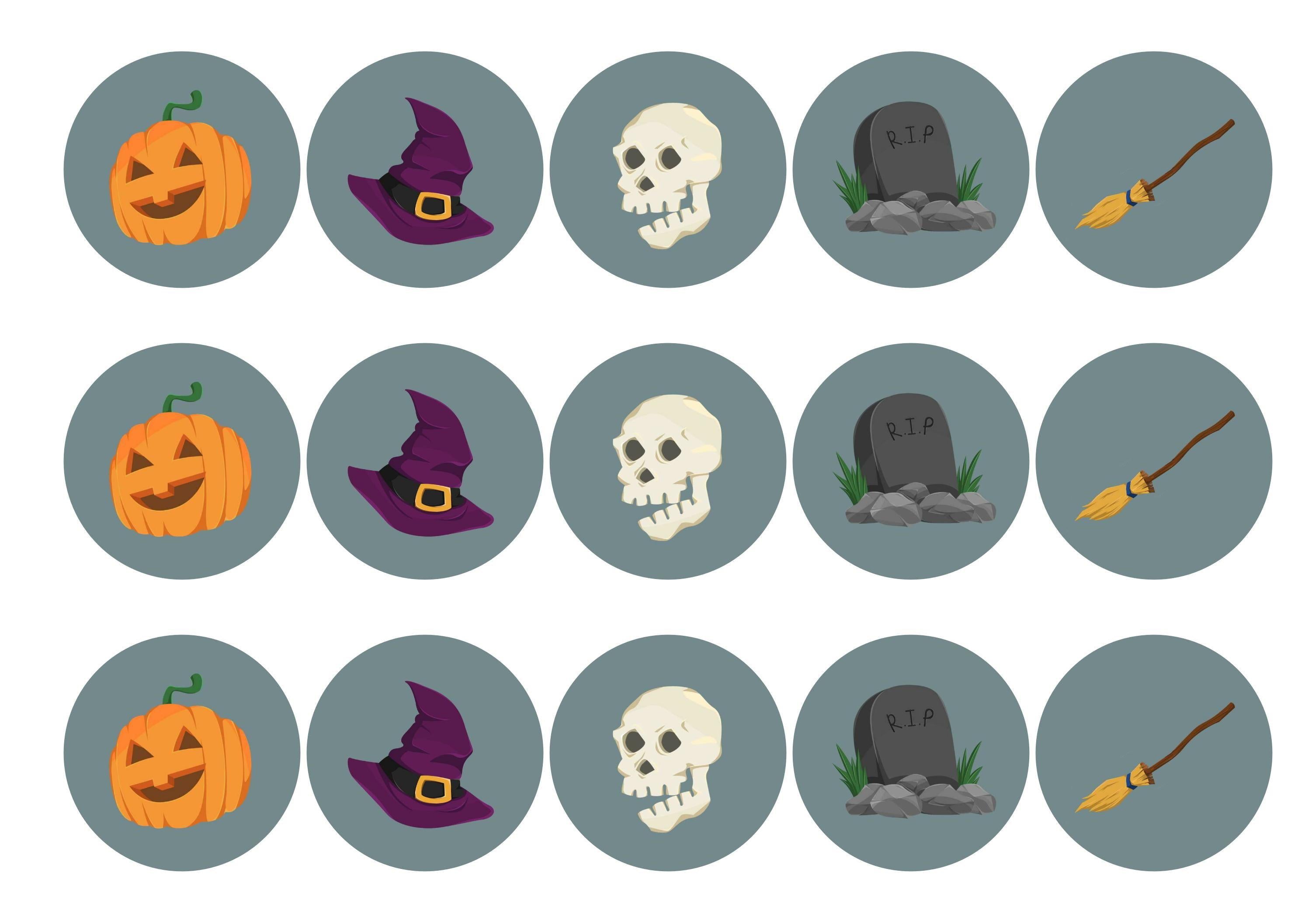 15 printed cupcake toppers with grey halloween icons