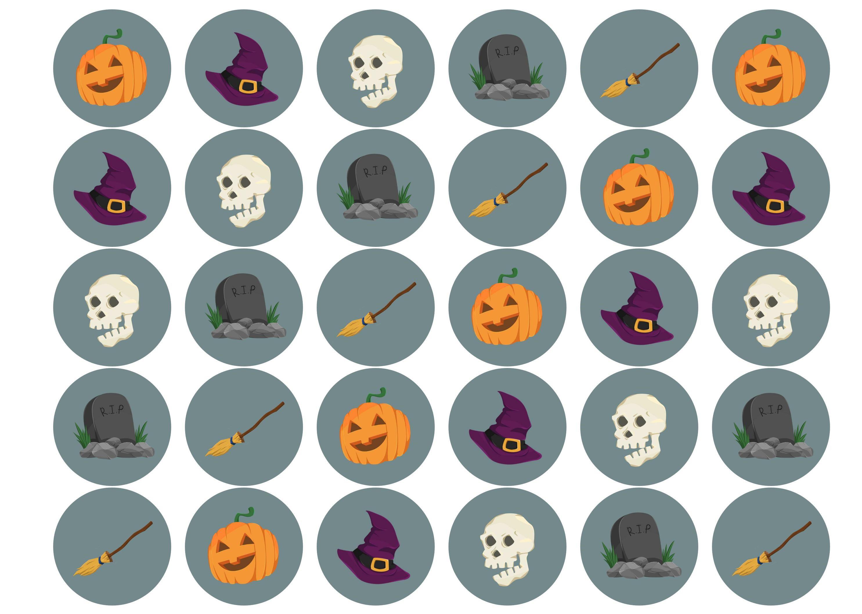 30 edible printed cupcake toppers with grey halloween designs