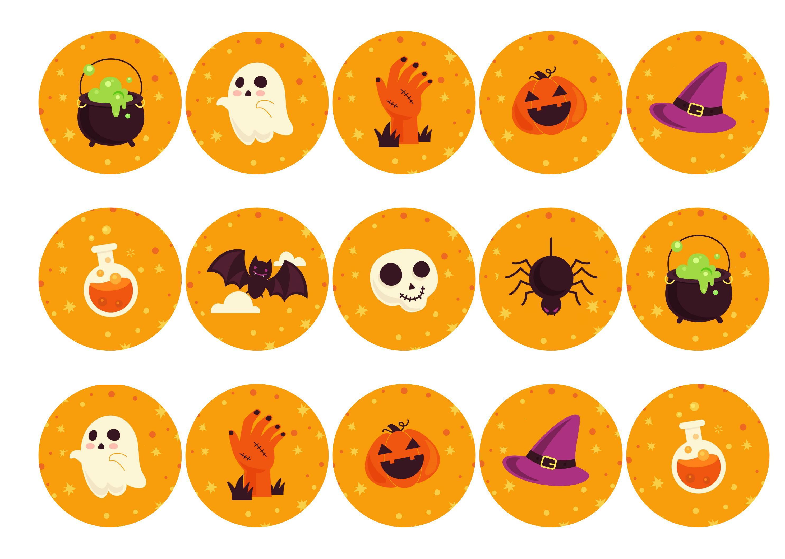 15 printed cupcake toppers with orange halloween icons