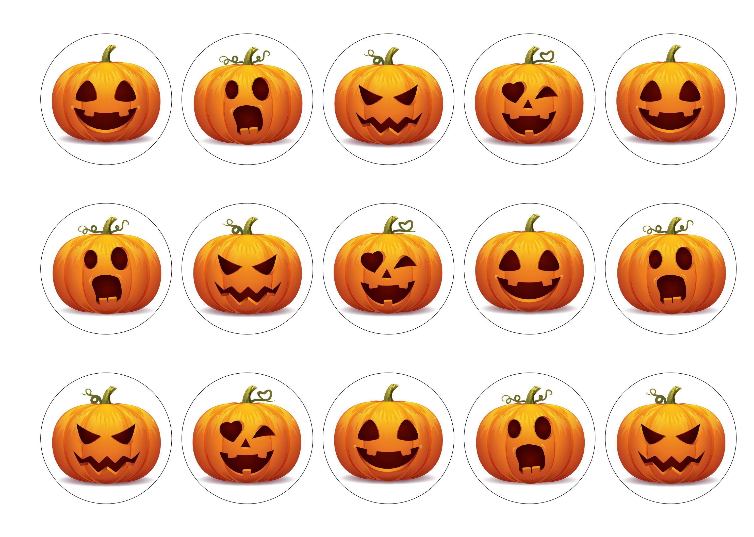 15 printed cupcake toppers with halloween pumpkin images