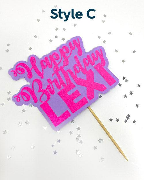 Personalised Happy Birthday Cake Topper in hot pink and purple