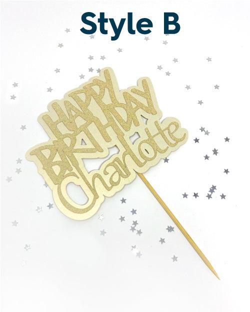 Personalised Happy Birthday Cake topper in Gold Glitter