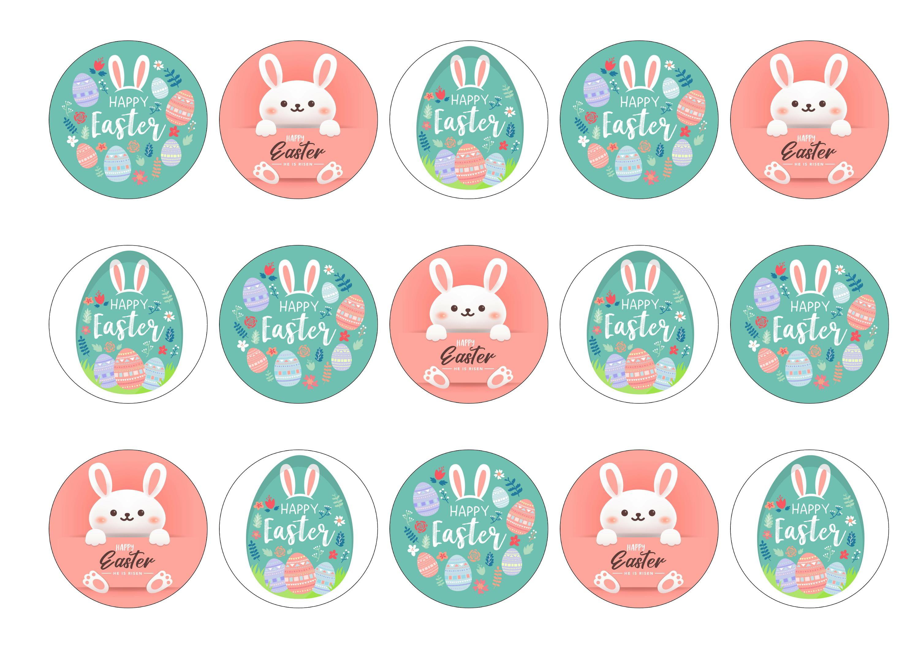 15 printed cupcake toppers with a cute Easter Bunny and Easter Eggs