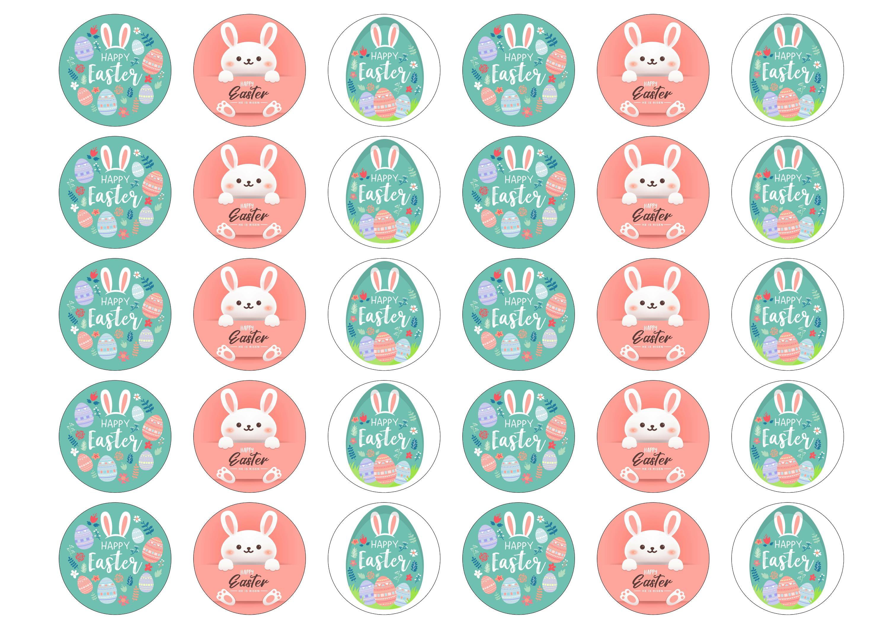30 edible cupcake toppers with a cute Easter Bunny and Easter Eggs