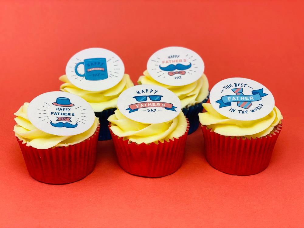 Happy Father's Day cupcakes with edible toppers in shades of red and blue