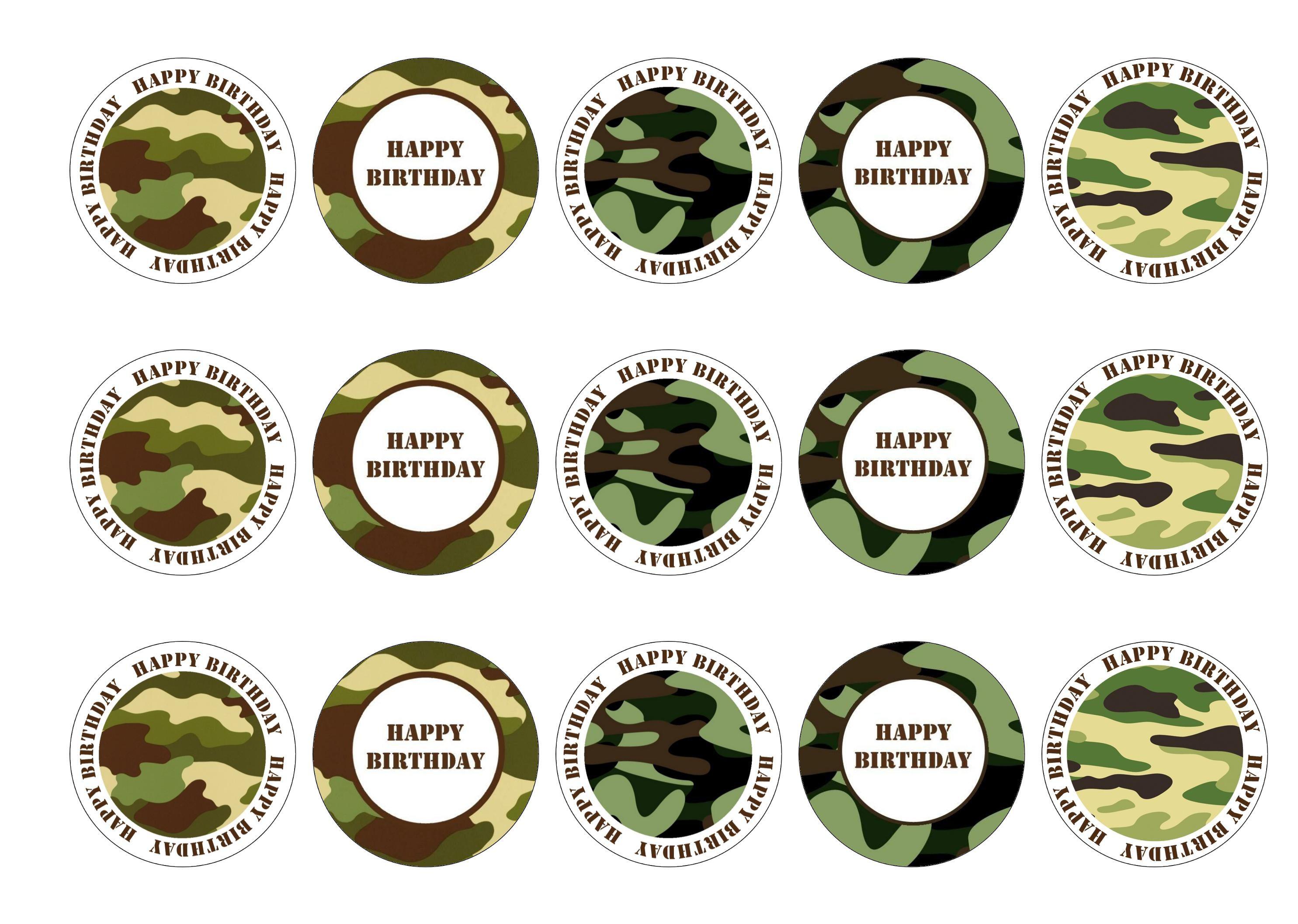 Printed edible birthday cupcake toppers with camouflage design