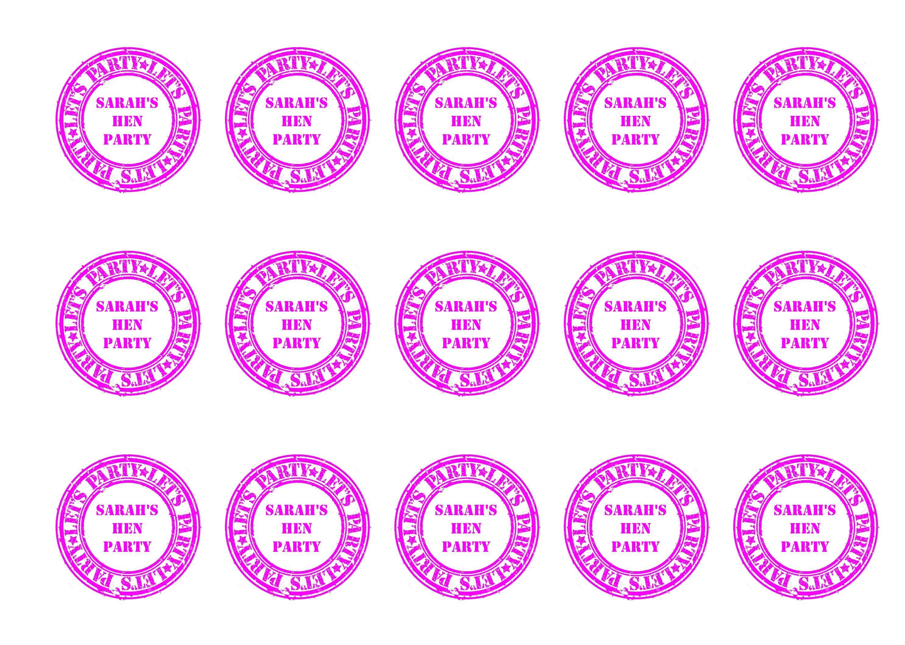 Printed edible cupcake toppers with hen party stamp design