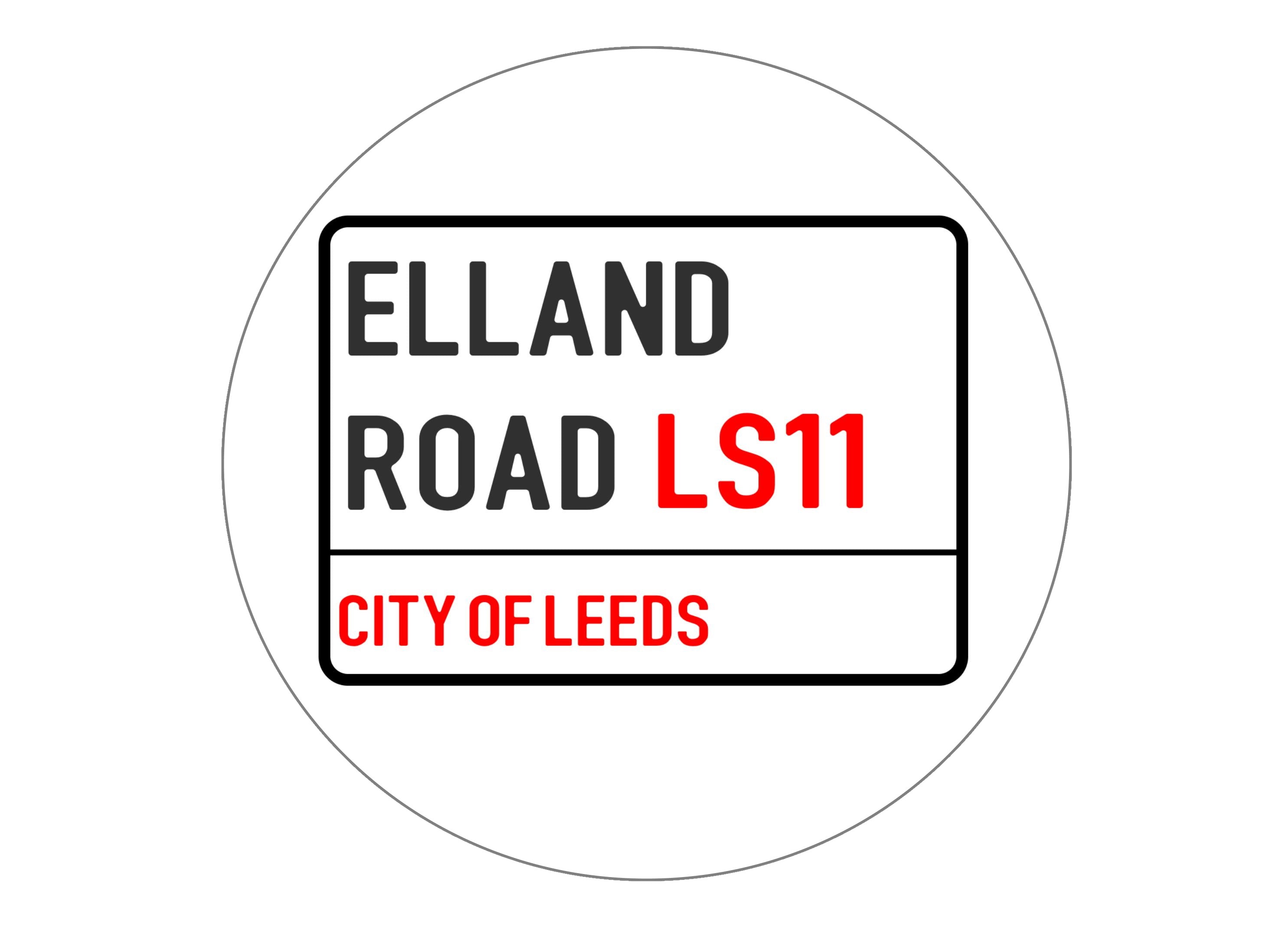 Large round cake topper with the Leeds Football Club Street Sign design for Elland Road