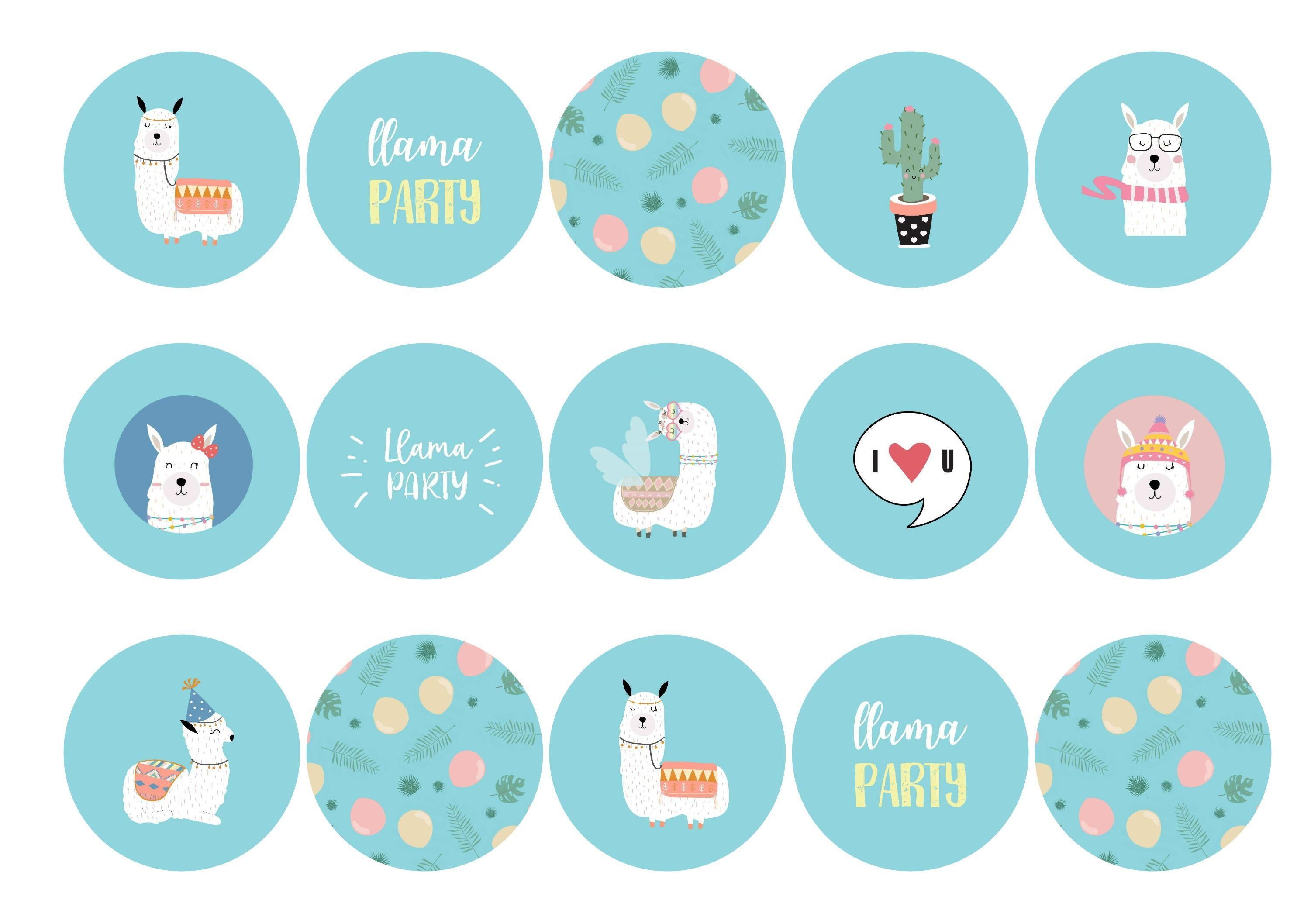 15 printed cupcake toppers with a llama party design