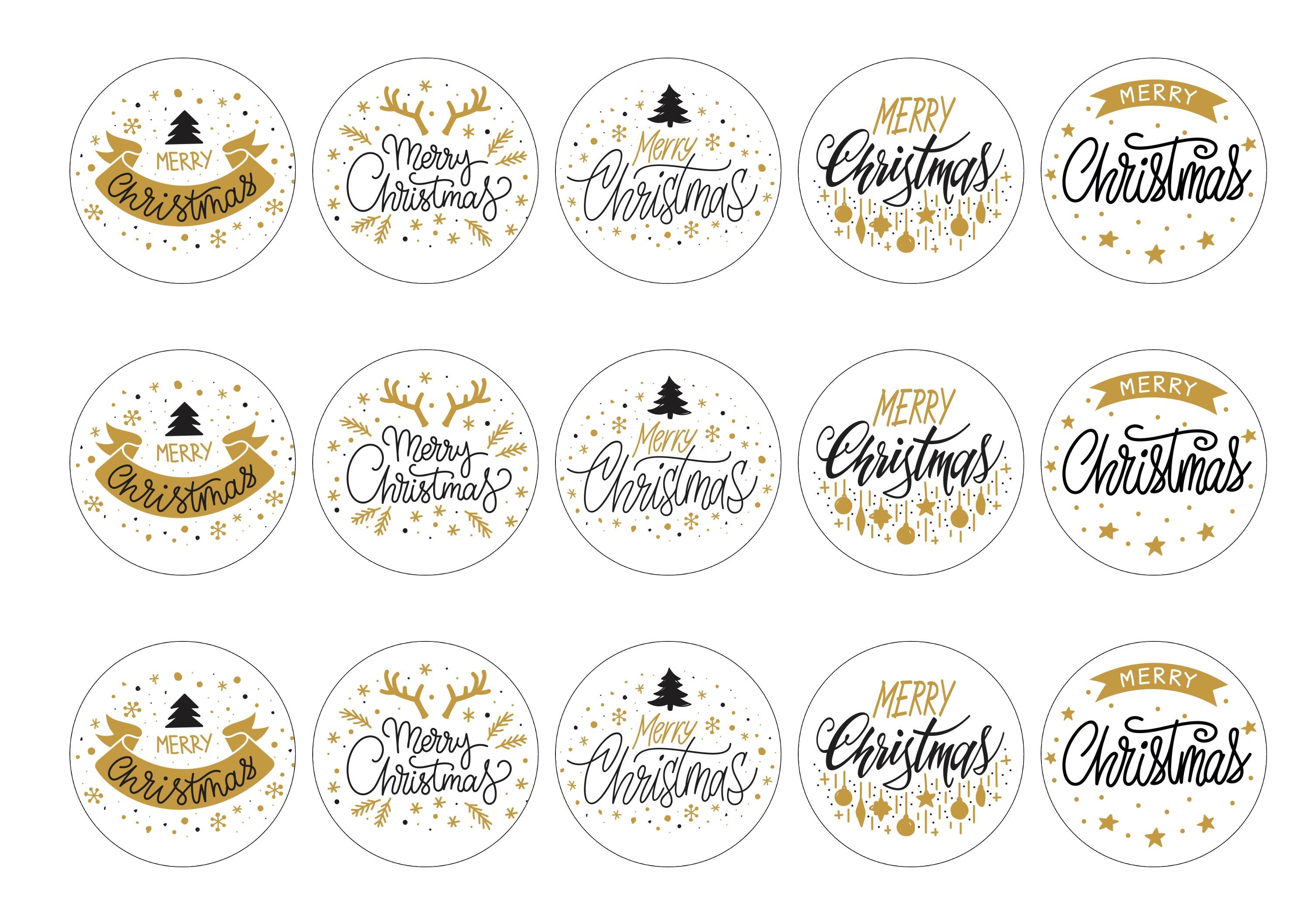 15 printed cupcake toppers with Merry Christmas messages in black and gold
