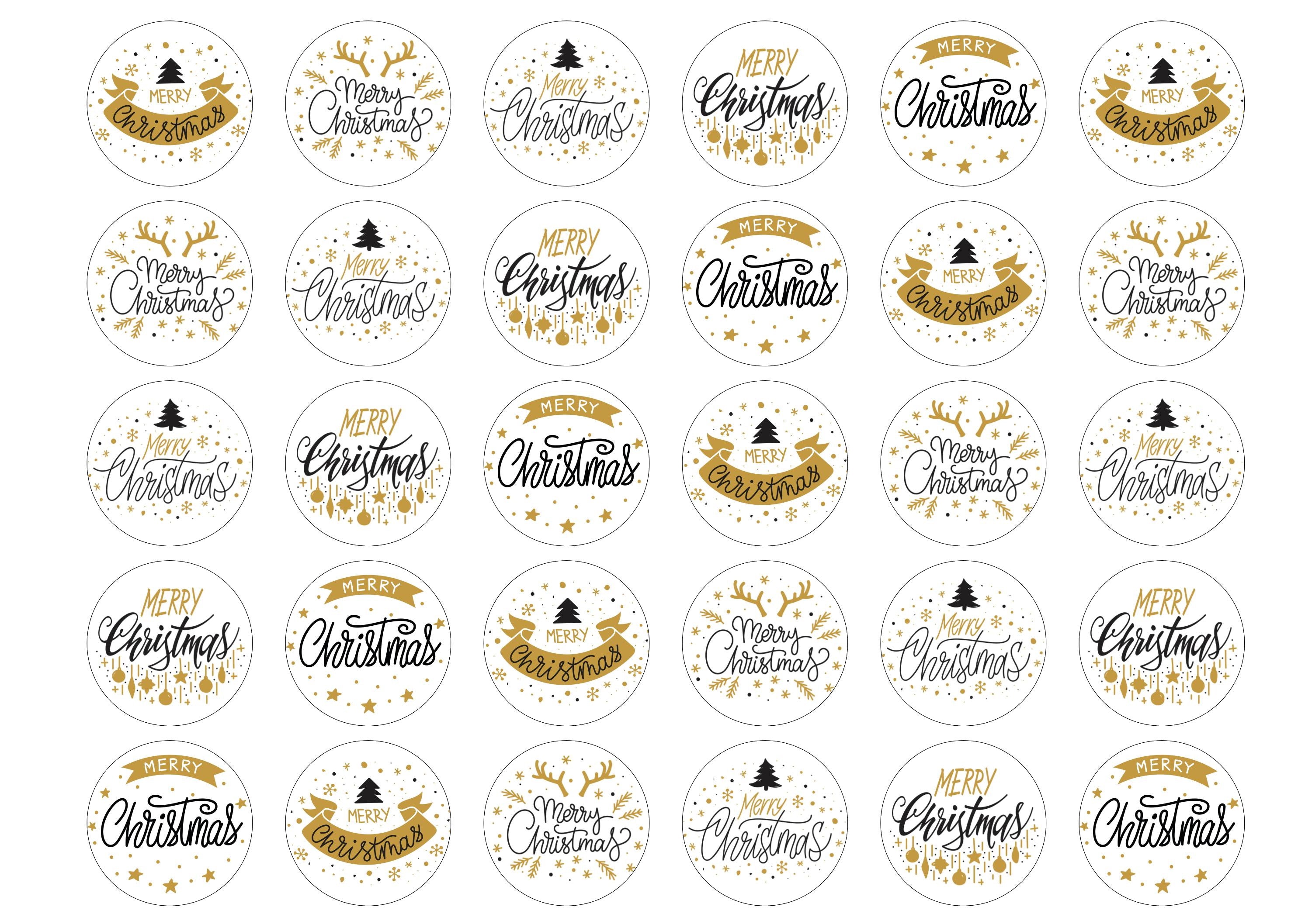 30 edible toppers with Merry Christmas messages in black and gold