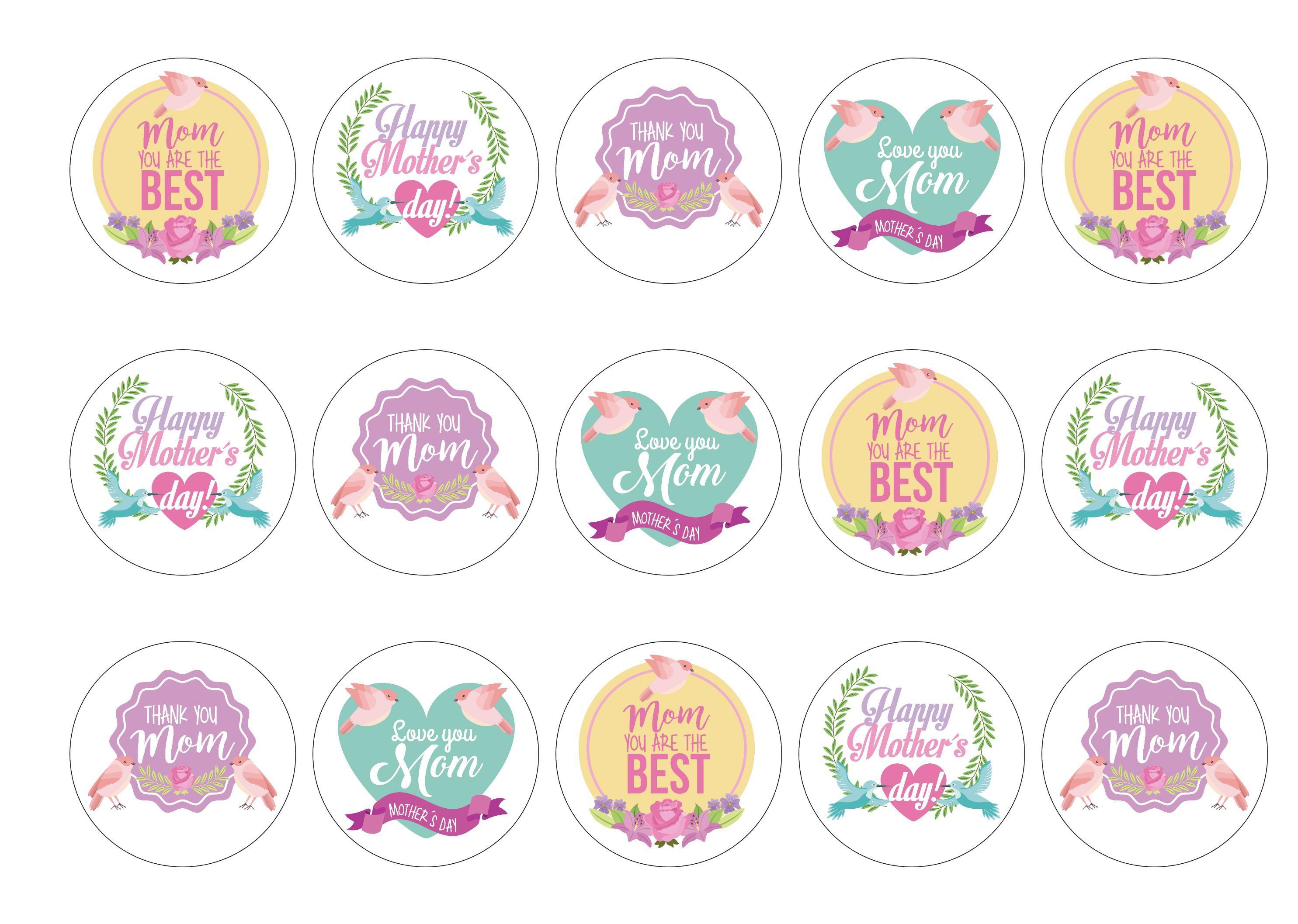 15 Mother's Day cupcake toppers with a bird and flower design