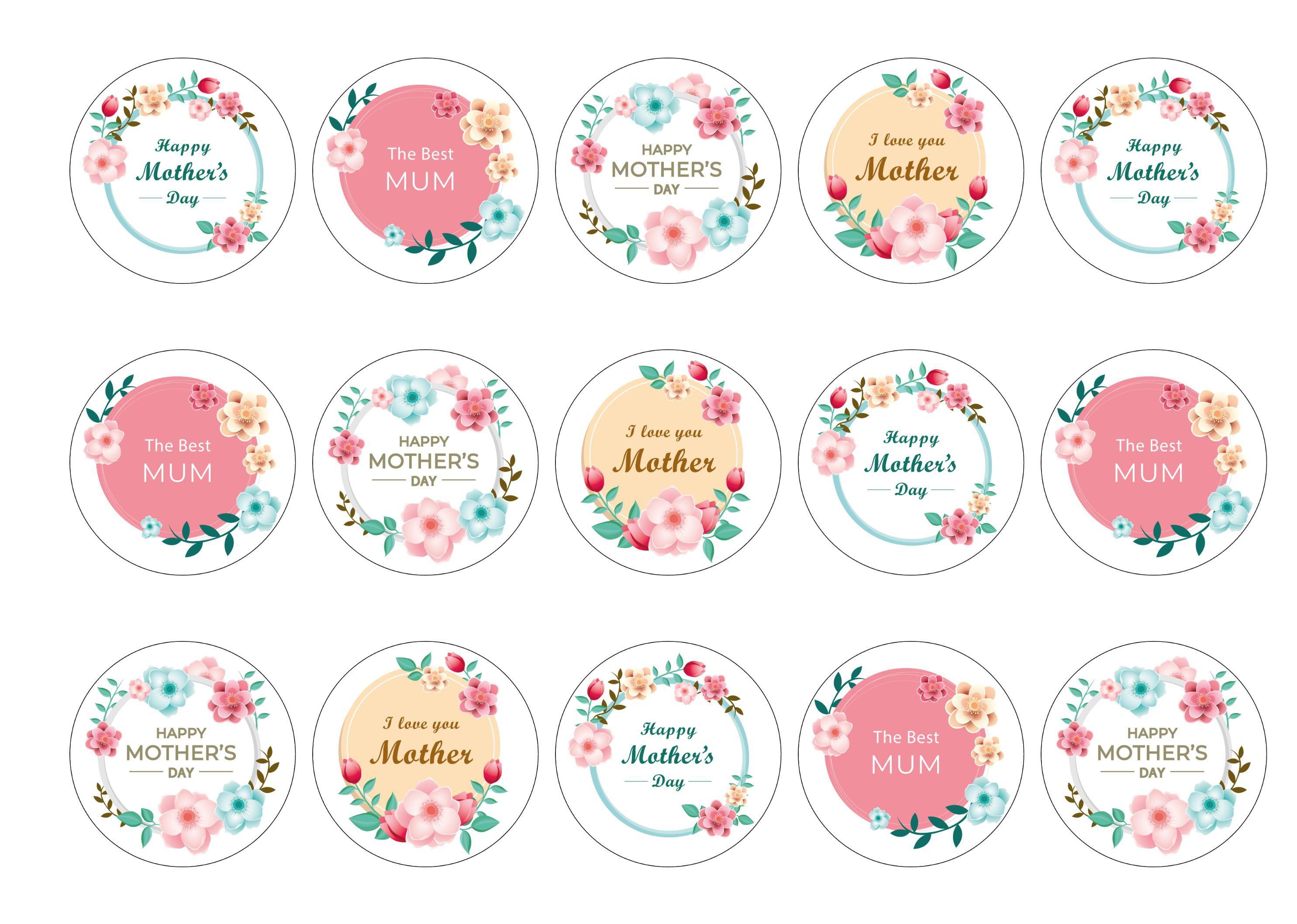 15 Mother's Day cupcake toppers with a pastel floral design