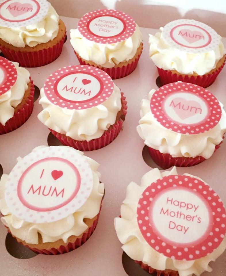 Printed cupcake toppers in pink Mother's Day designs