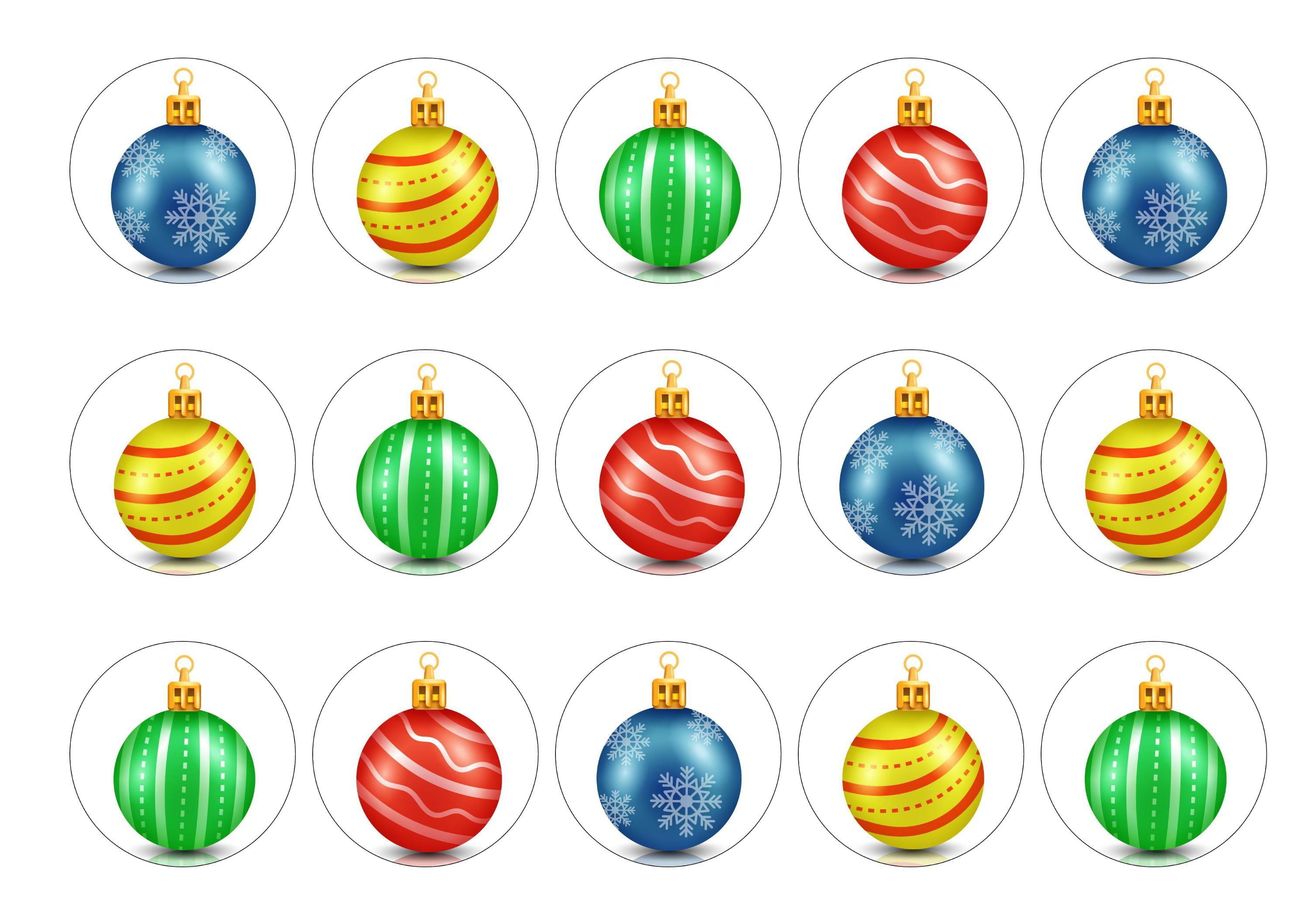 15 printed cupcake toppers with multicoloured Christmas bauble images