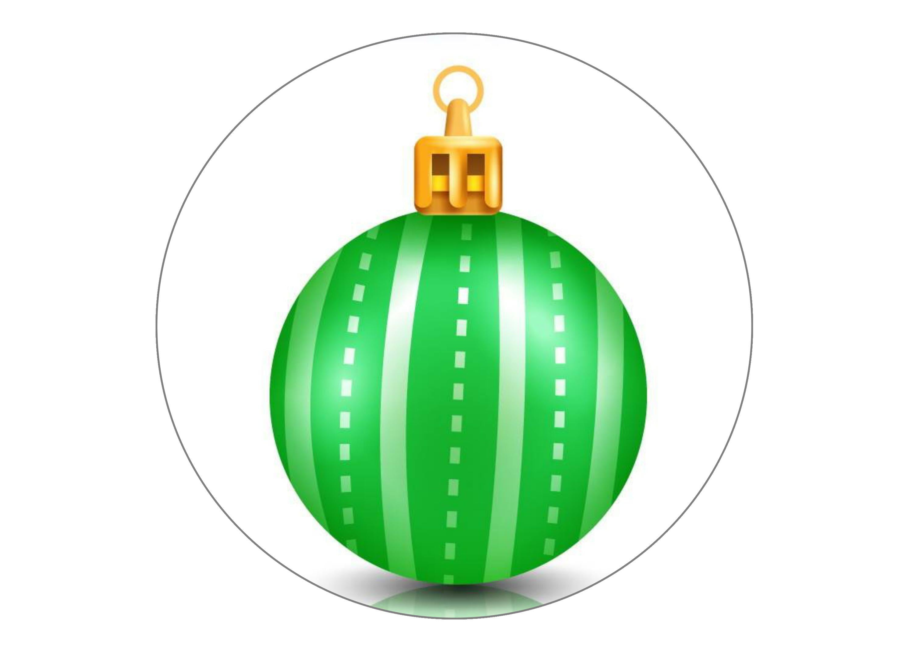 large printed cake topper with a green Christmas Bauble 