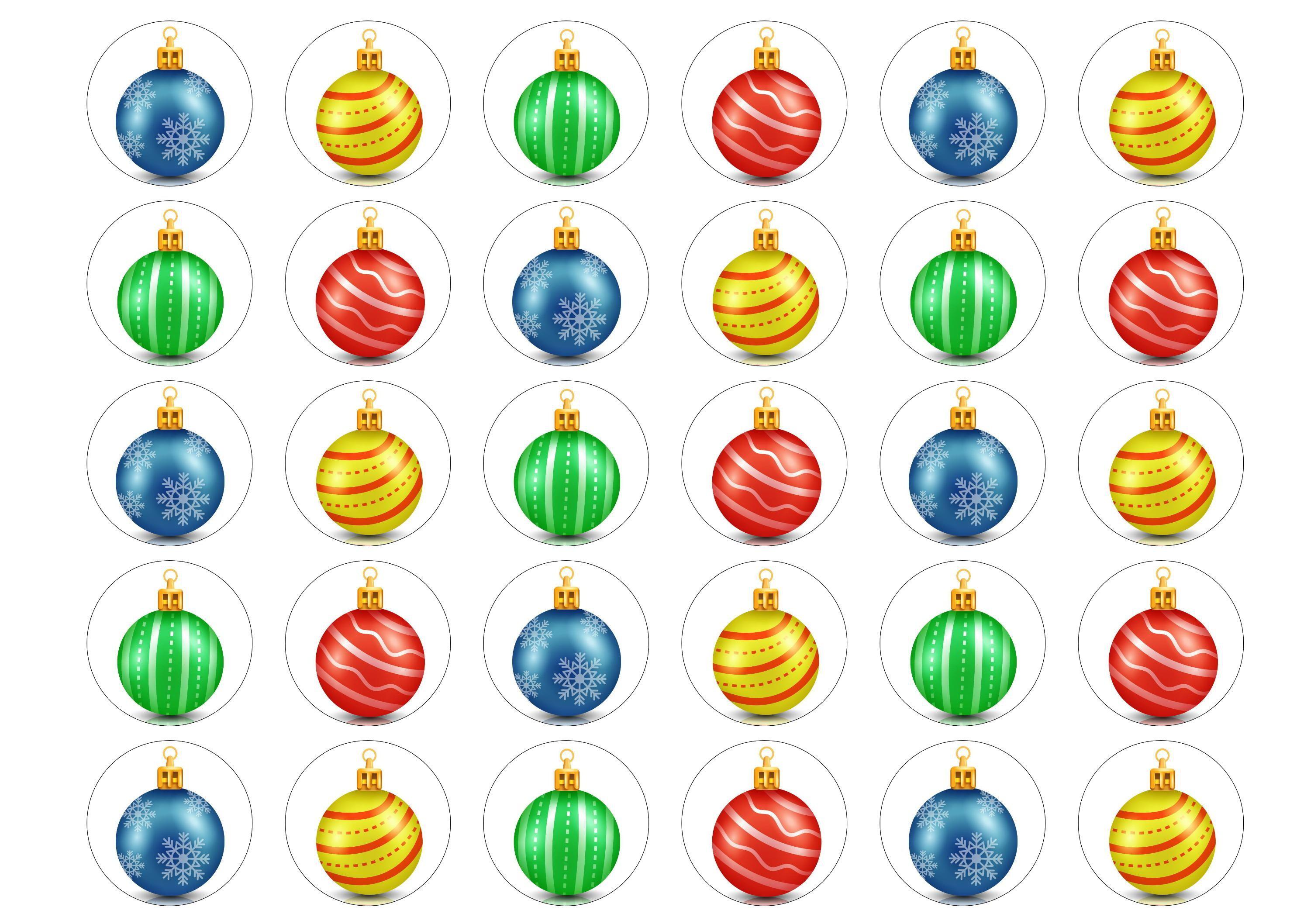 30 edible printed cupcake toppers with multicoloured Christmas bauble designs